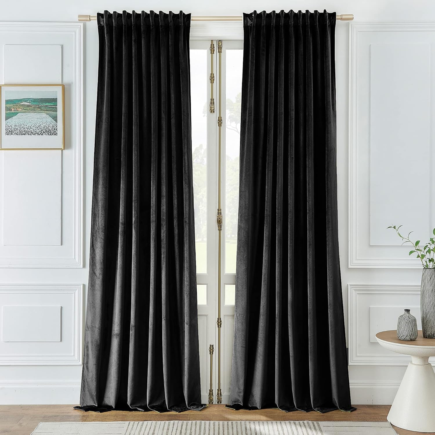 Timeper Black Pleat Back Tab Velvet Curtains W52 x L90 inches 2 Panels, Blackout Solid Home Decor Curtains for Bedroom Living Dining Room Thermal Insulated Luxury Super Soft Window Drapes