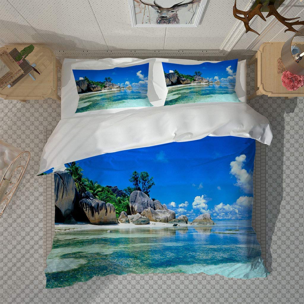 Housse de Couette 240x260 cm Parure de Lit 3D Imprimé Beau Paysage de Bord de mer avec Fermeture Éclair Microfibre Parure Housse Couette avec 2 Taie d'oreiller 65x65 cm