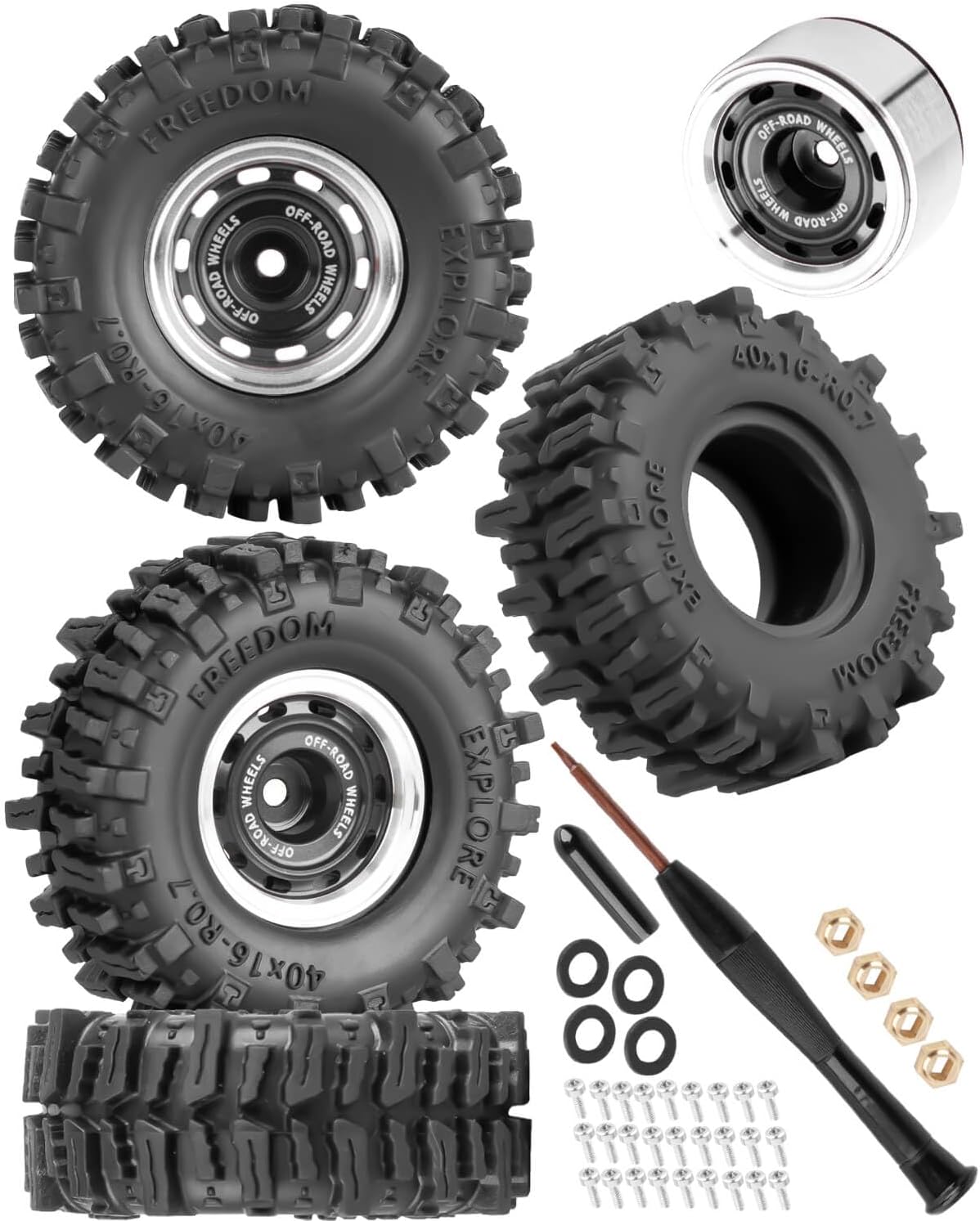 Aluminum 0.7 Beadlock Wheels Tires for 1/30 SCX30 1/32 Red cat Ascent-32 RC Crawler,0.7" Rings Deep Dish Wheel Rims & Rubber Tires - RC Off Road Buggy Rally Truck Wheels and Tires,Black(4Pcs)