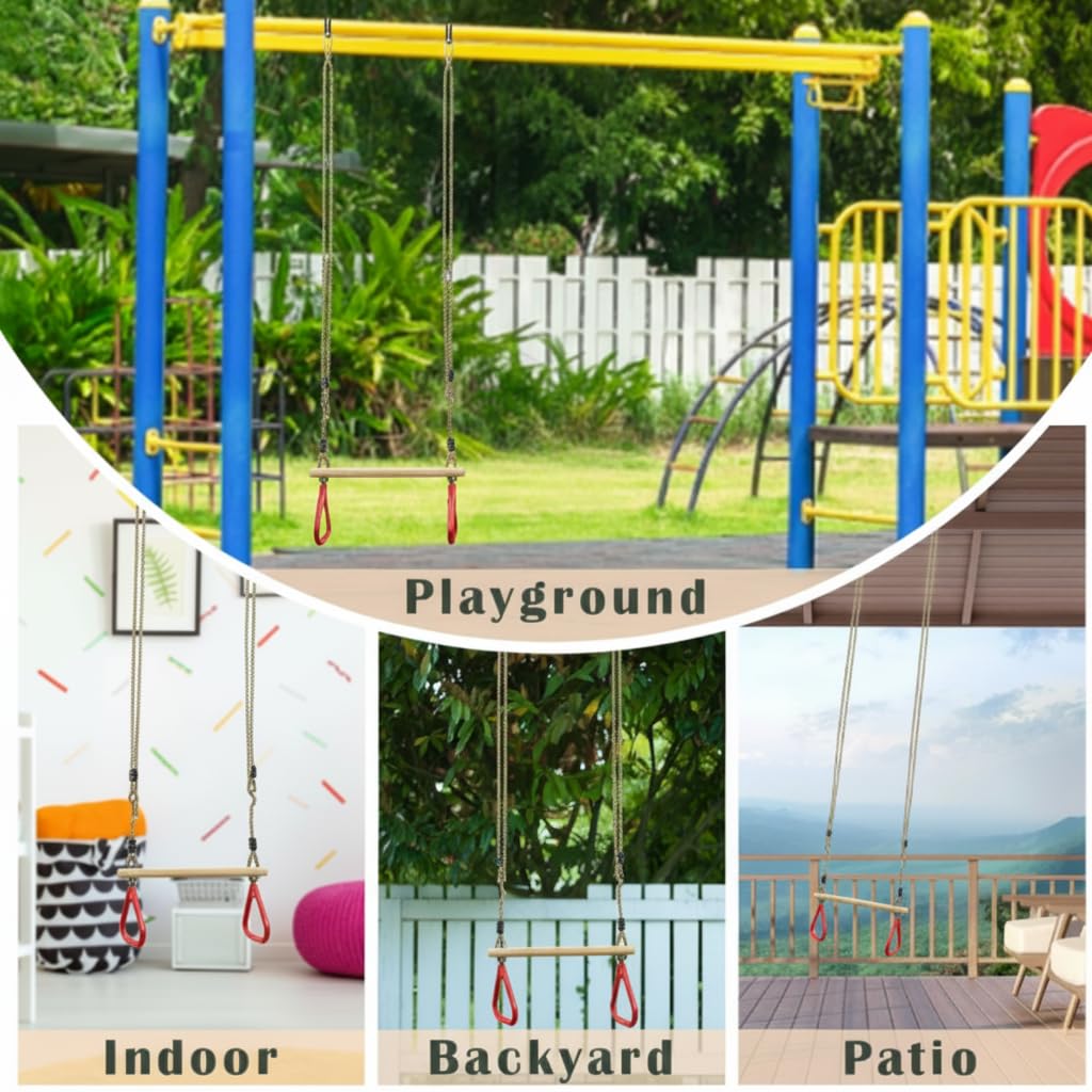 Leogreen - Trapezio in Legno con Anelli da Ginnastica, Barra per Trazioni per Fitness all'Aperto, Colore Rosso