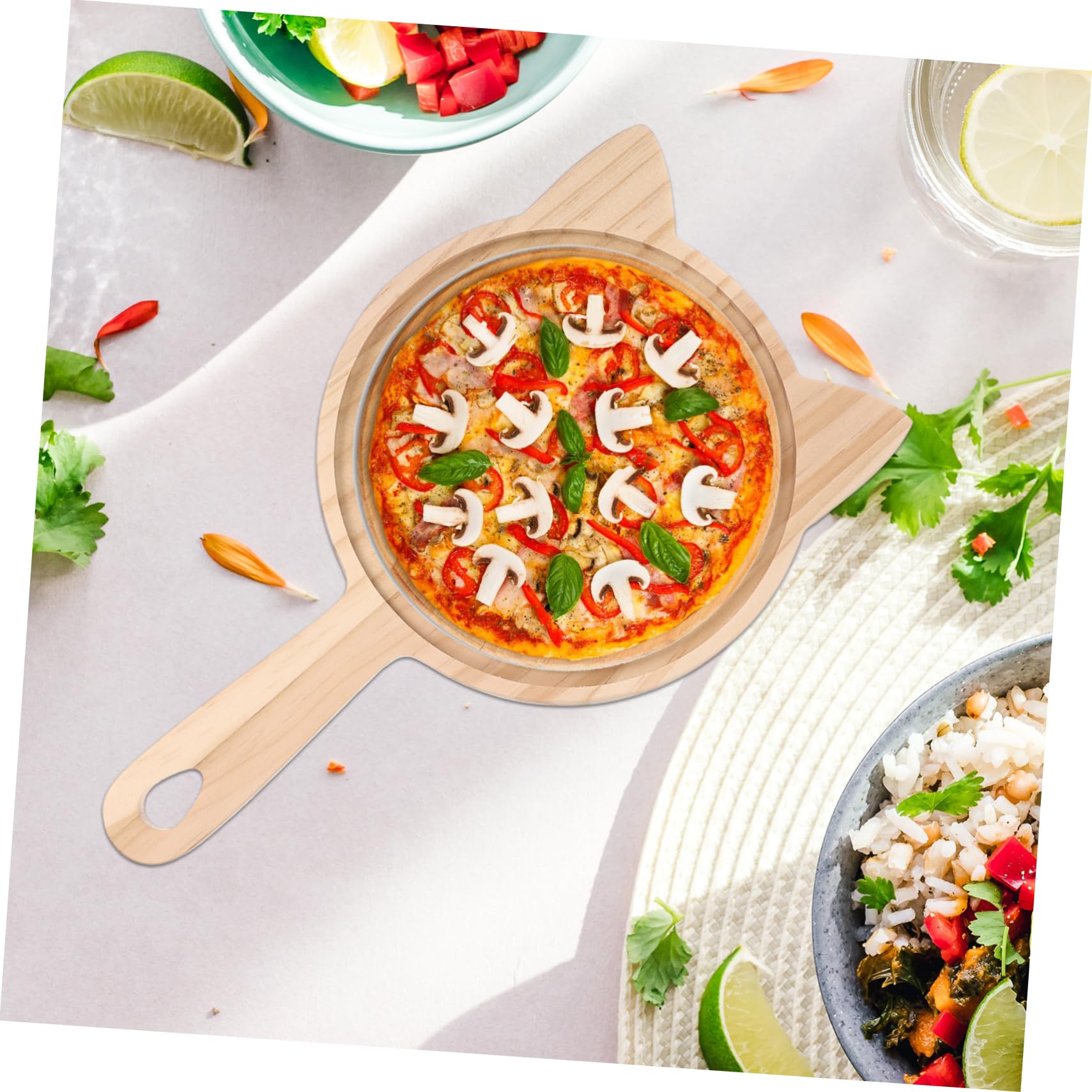 FUNOMOCYA Pizza Board Handles Round Cheese Cutting Board Wooden Serving Tray for Kitchen