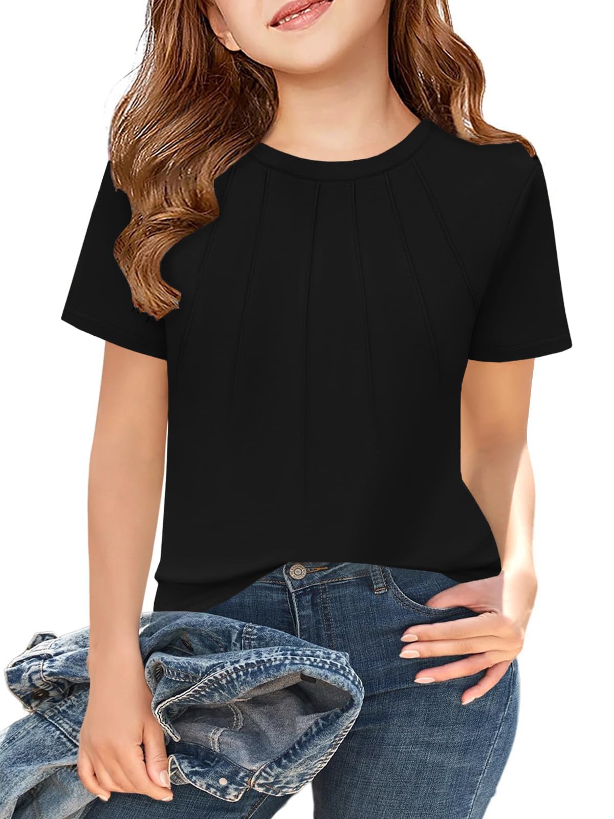 Girls' Short Sleeve Shirts Kids Crewneck T-Shirts Summer Tops Basic Tees 5-14 Years