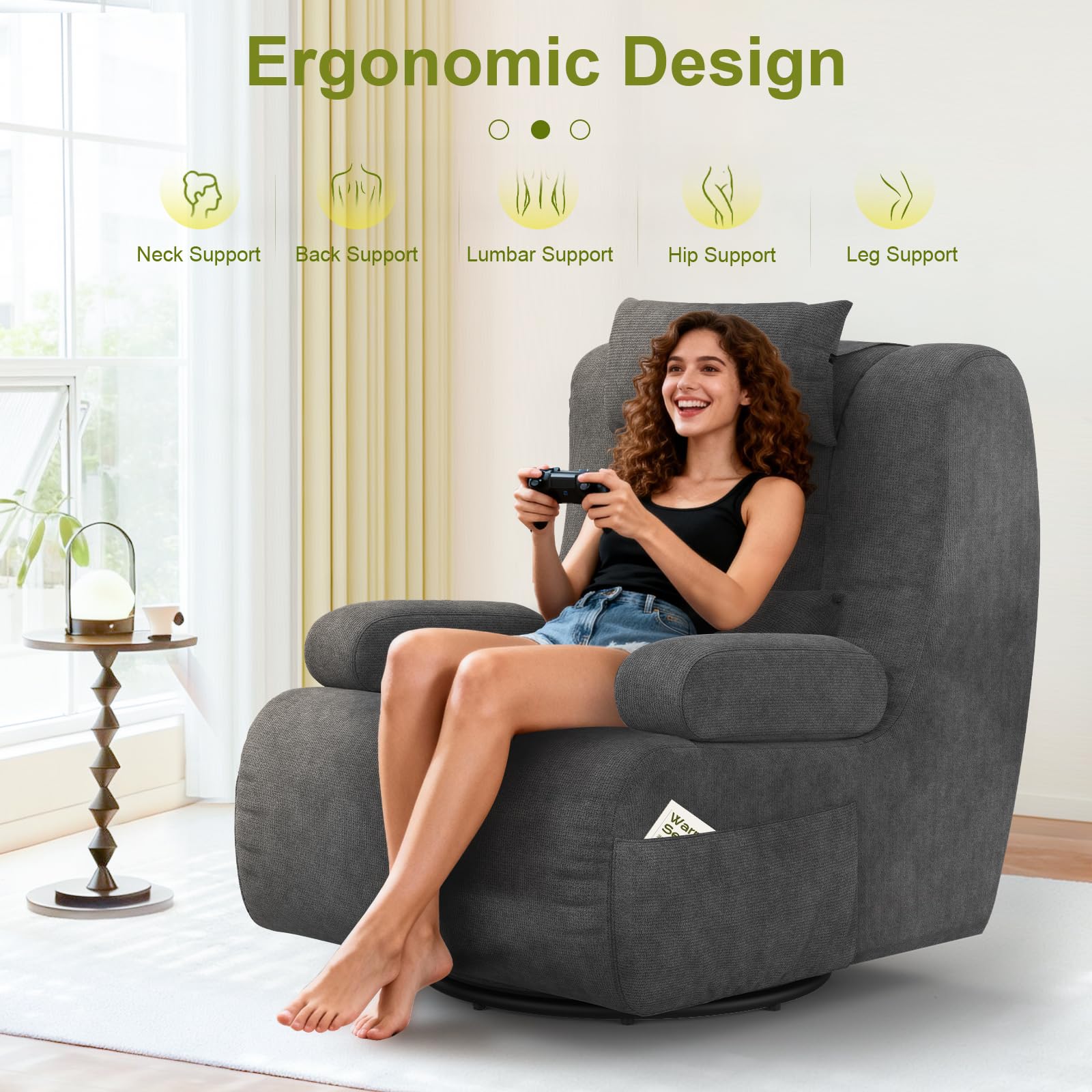 Fauteuil Salon pour Salon avec 2 Coussins Supplémentaires, Dossier et Coussin Rembourrés, 2 Poches Latérales, 360° Fauteuil Pivotant per Home Cinéma, Fauteuil Surdimensionné à Dossier Haut