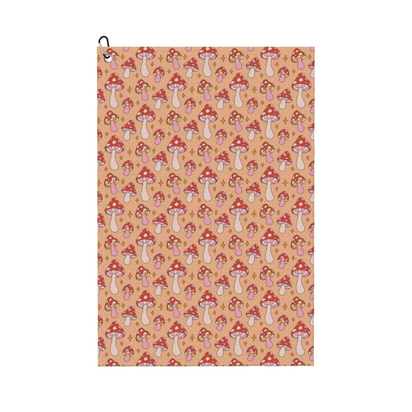 AOOEDM Mushroom Print Golf Towel with Carabiner Clip Absorbent Microfiber Golf Towel for Cleaning Golf Ball Club Putter Iron for Golf Bag Trolly Belt Loop 16" X 24"