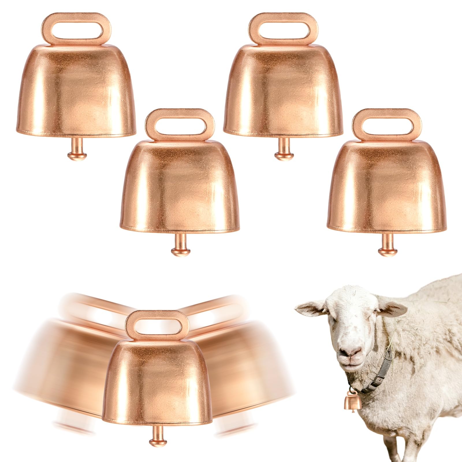 M METERXITY 4-Pack Cow Horse Sheep Grazing Copper Bells, 0.5" Inner Diameter Hole Cattle Goat Farm Loud Bronze Bell for Cow/Horse/Sheep/Cats/Small Pets Anti-Theft Accessories [Rose Gold]