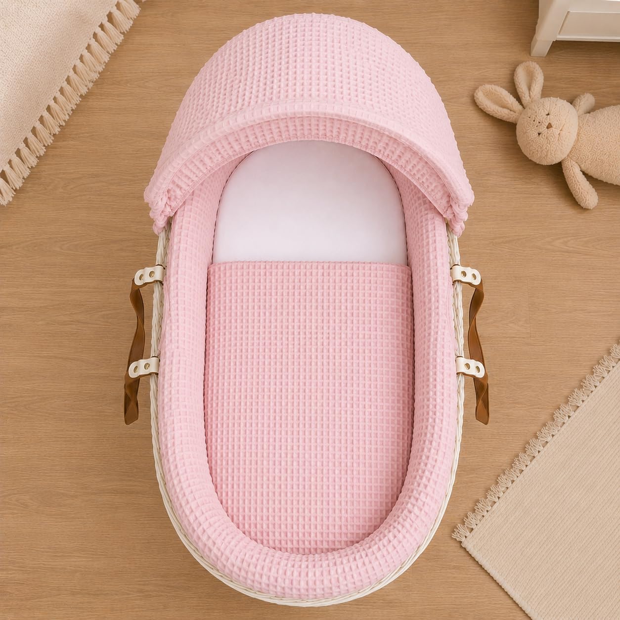 For Your Little One Moses Basket Bedding Set – Waffle & Dimple Designs with Hood, Quilt & Bumper | Soft & Breathable (Moses Basket Not Included!) (Waffle, Pink)