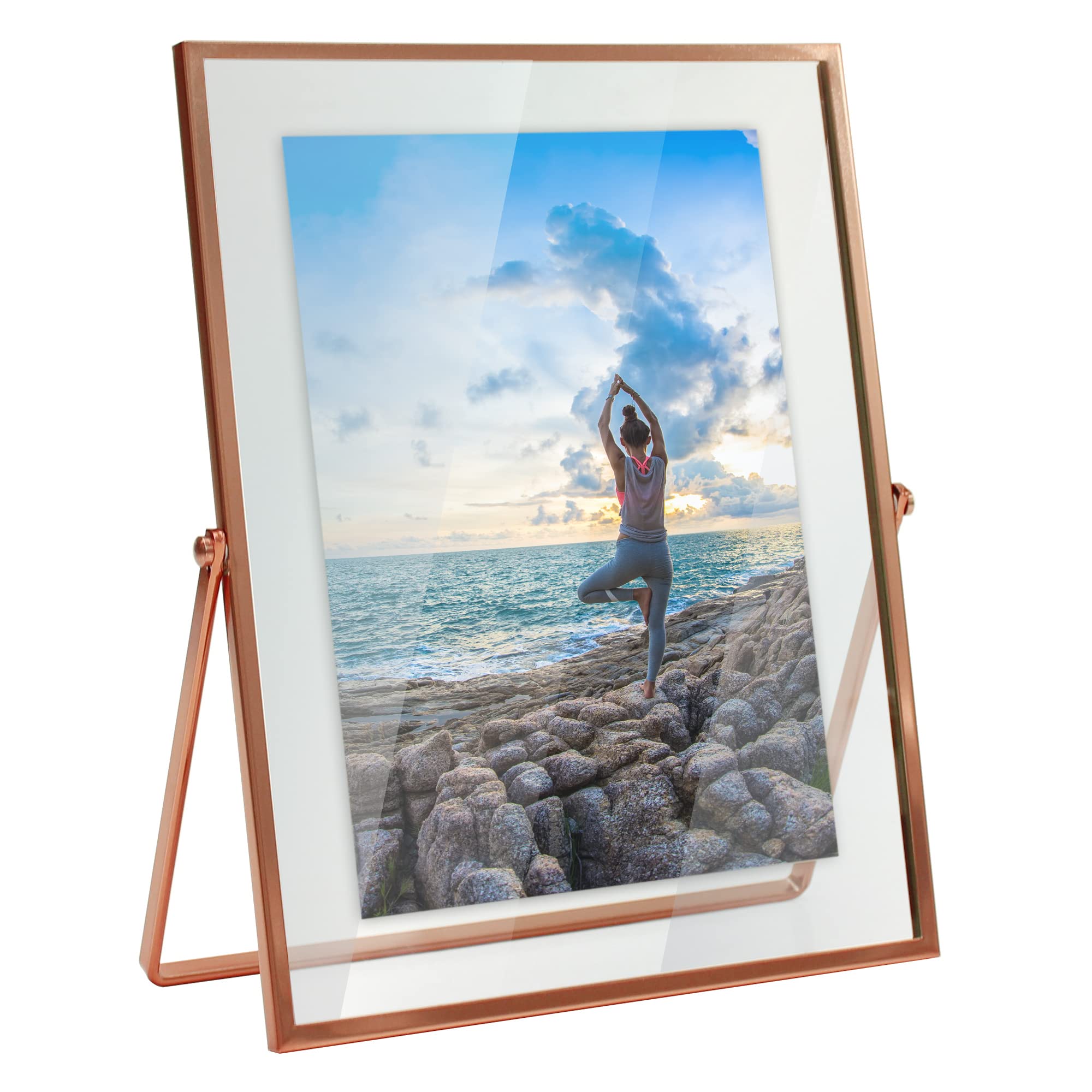 MIMOSA MOMENTS Rose Gold Double Glass Picture frame, Metal Floating 5x7 Inch Photo Display on Tabletop Desk(Rose Gold, 5x7)