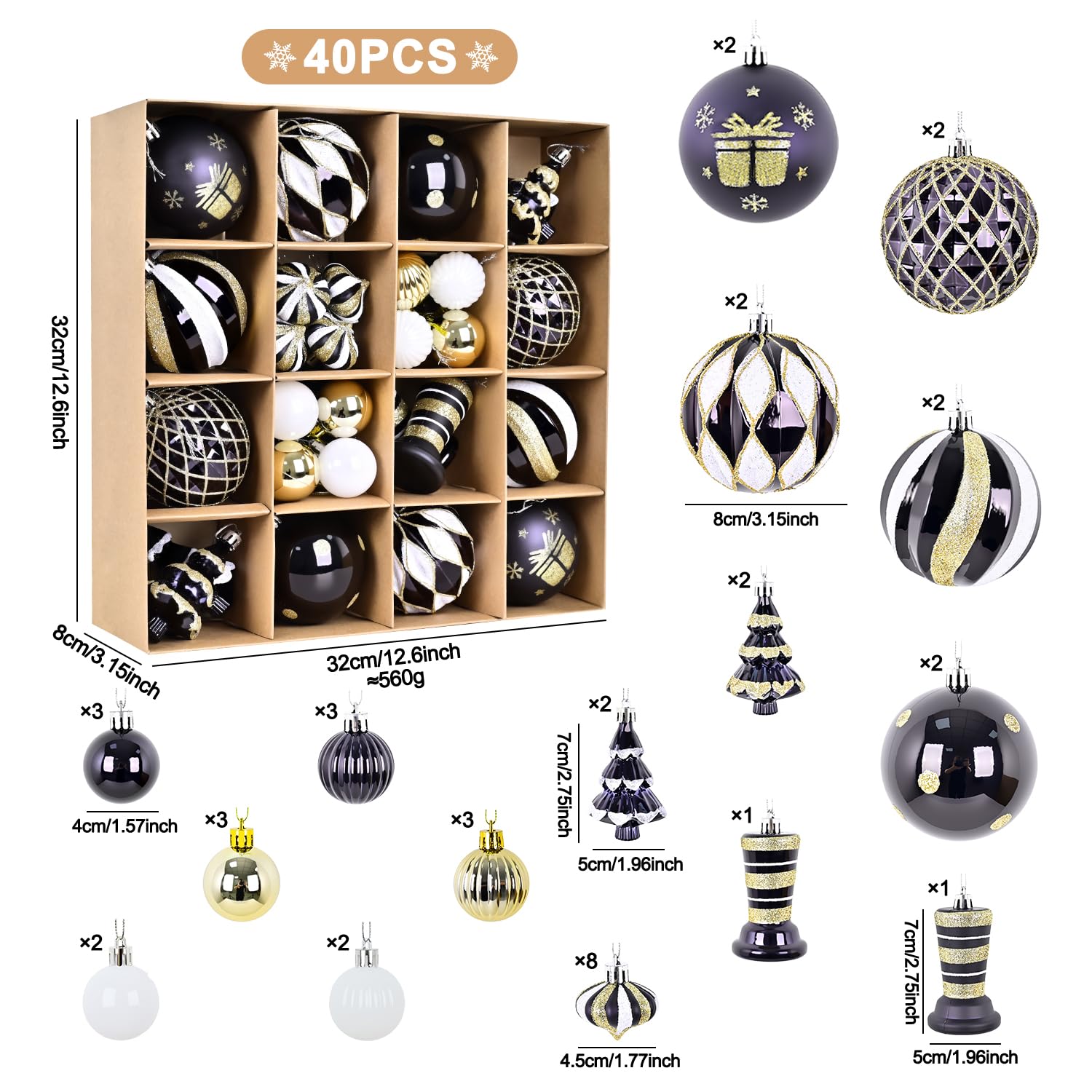 SVNVIOZ Juego de 40 bolas de Navidad de 8 cm, bolas de Navidad inastillables, color negro, dorado y blanco