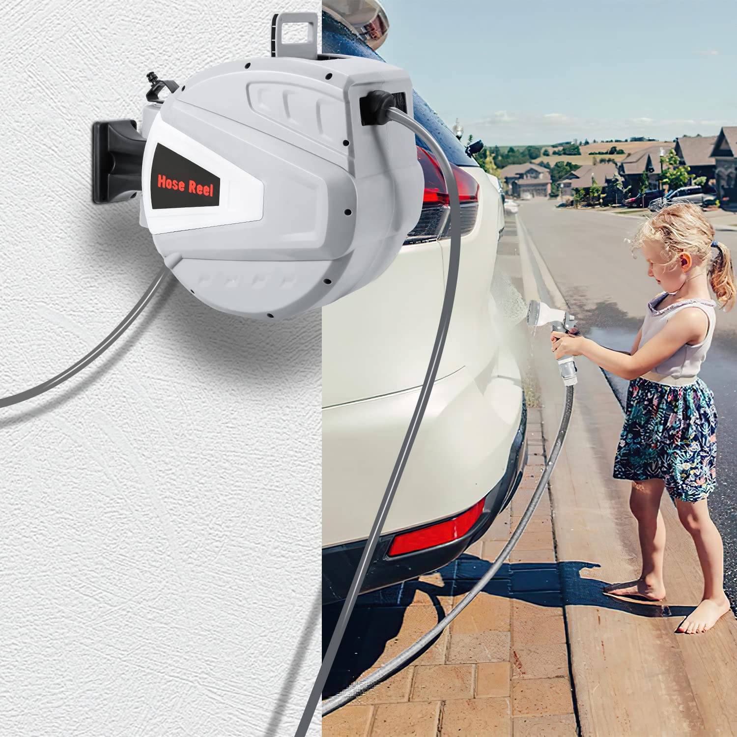 Enrouleur de tuyau d'eau 30 + 2 m avec support mural/douchette/matériel de montage, enrouleur automatique, tuyau d'arrosage, enrouleur de tuyau mural, gris