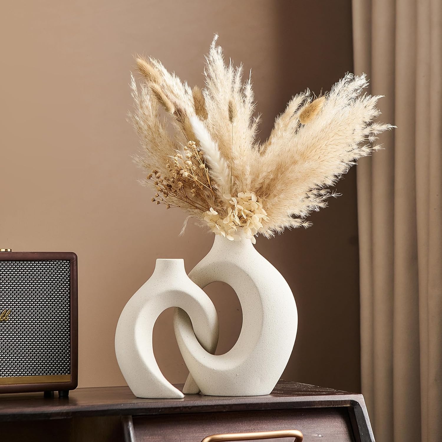 Loiisgy Off White Hollow Ceramic Vase, White Boho Flower Vase, Nordic Minimalist Round Vase, Decorative Modern Vase for Living Dining Room Entryway Bookshelf Coffee Table