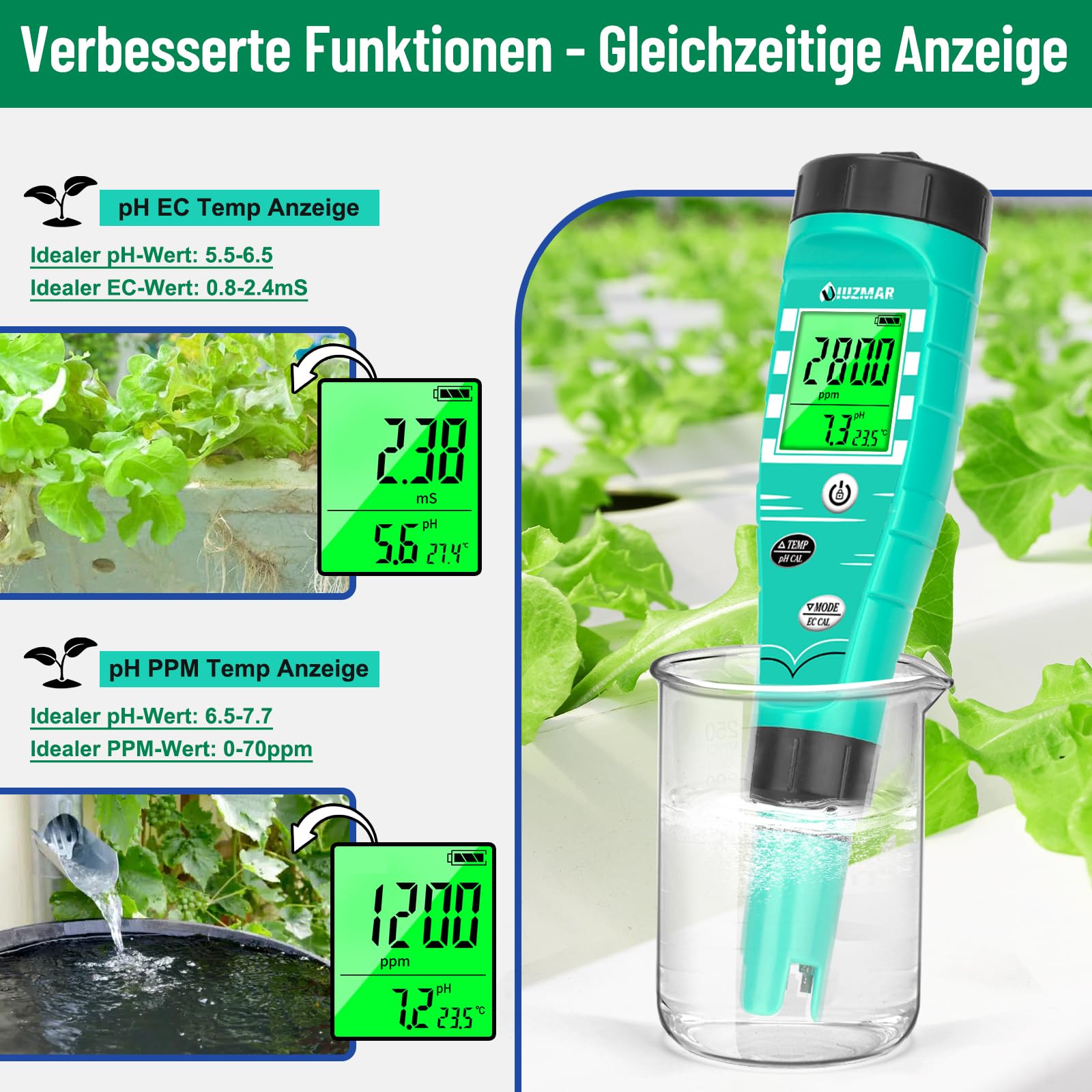 UIUZMAR pH Wert Messgerät Hydroponik, pH EC Messgerät Grow, PPM pH Messer für Wasser Hydroponik, Gleichzeitige Messung von pH EC TDS Temperatur für DWC, Aeroponic, Aquarium, Fischteich