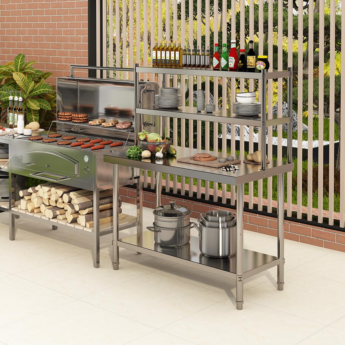 Banco da Lavoro Acciaio 120x60x80cm Regolabile 250kg per Cucina | Resistente, Facile Pulizia, Antiruggine, 2 Ripiani, Spazio Inferiore, per Ristorante, Officina, Hotel, Giardino