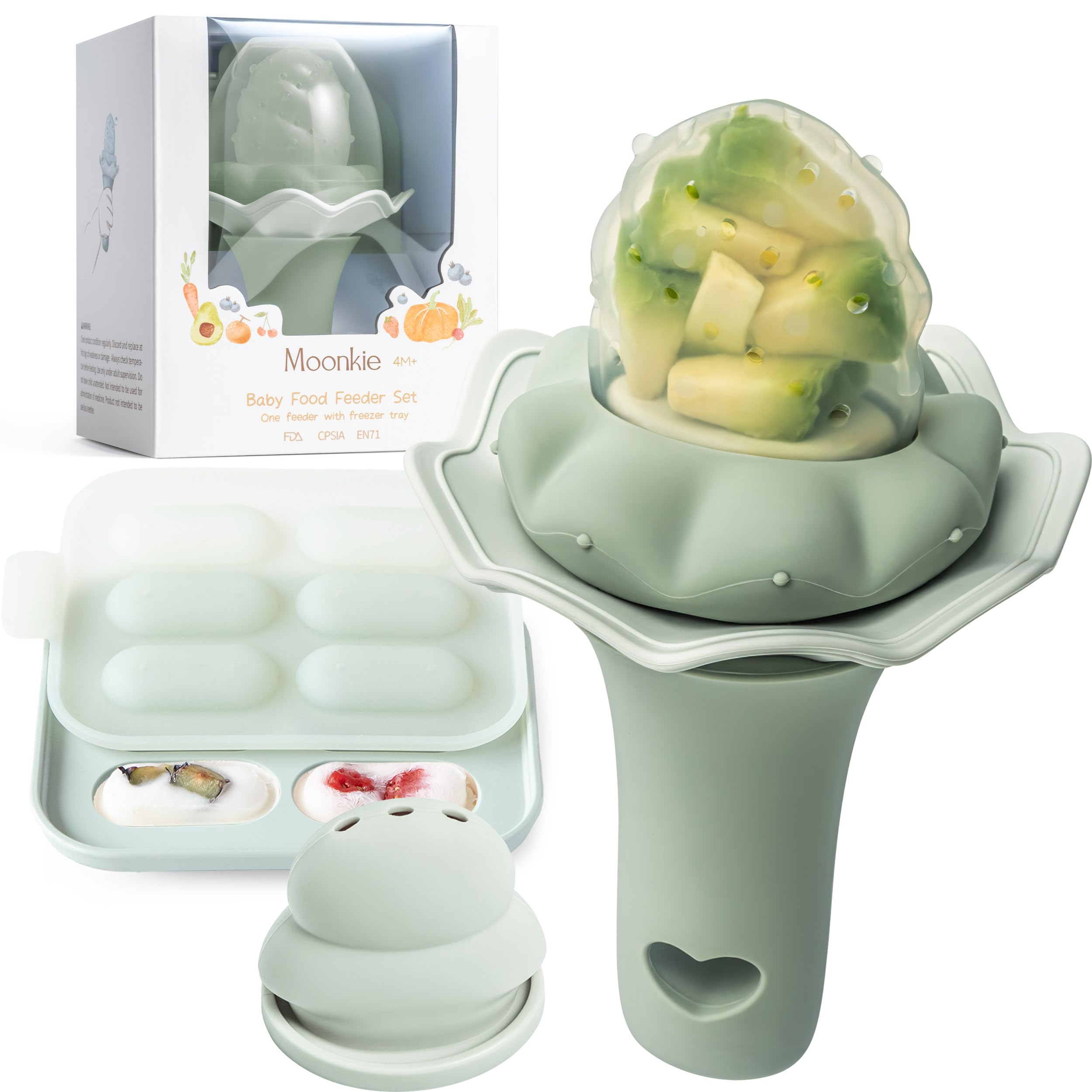 Moonkie Fruchtsauger Baby mit Gefrierschrank Tablett, BPA-Frei Silikon Fruchtschnuller mit Zwei Größen Beutel, 4 Monate+ Zahnungshilfe, Geschenk zur Babyparty, 1 Stück(Salbei)