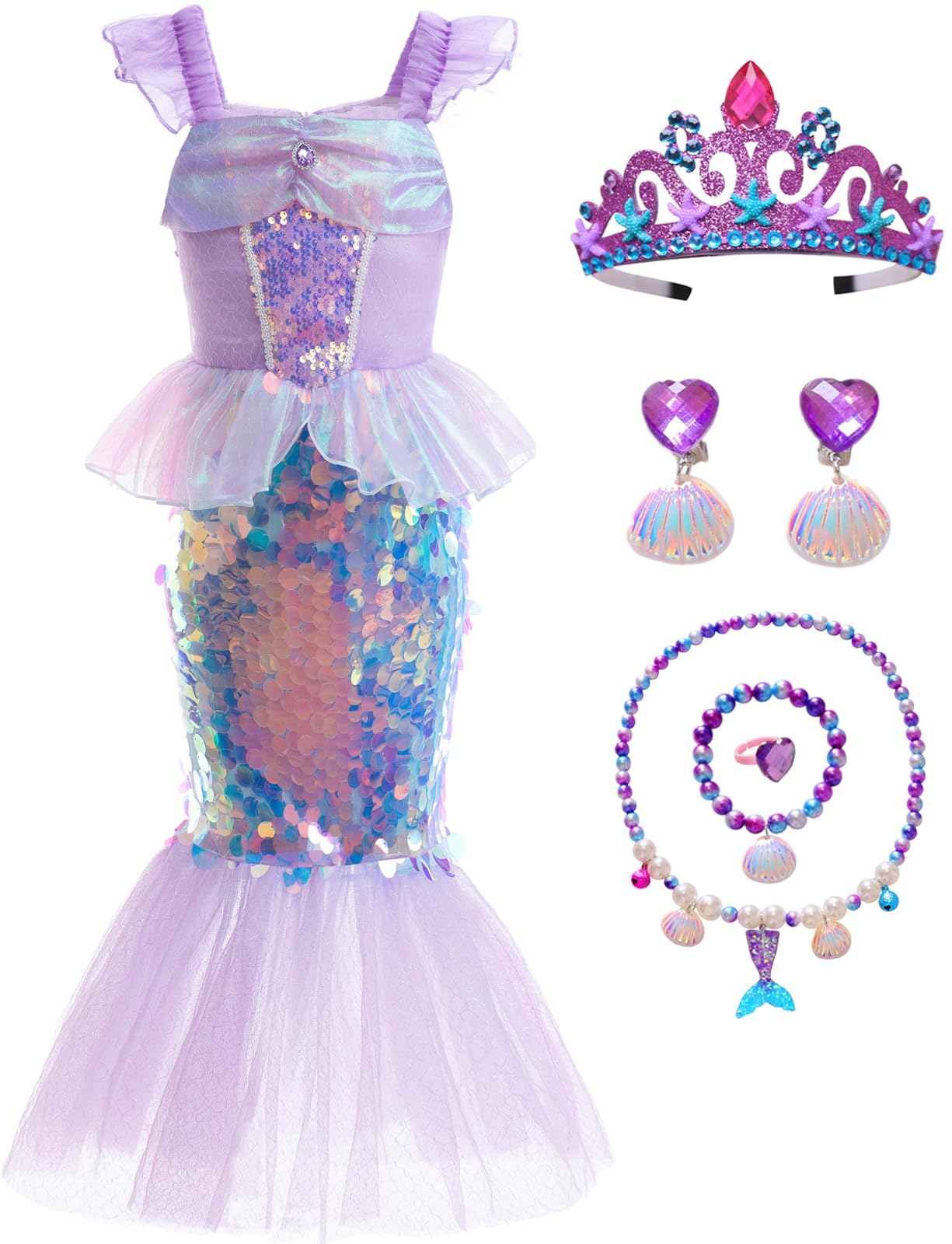Robe De Sirène Ariel – Déguisement Princesse Enfant 3-9 Ans, Accessoires Inclus