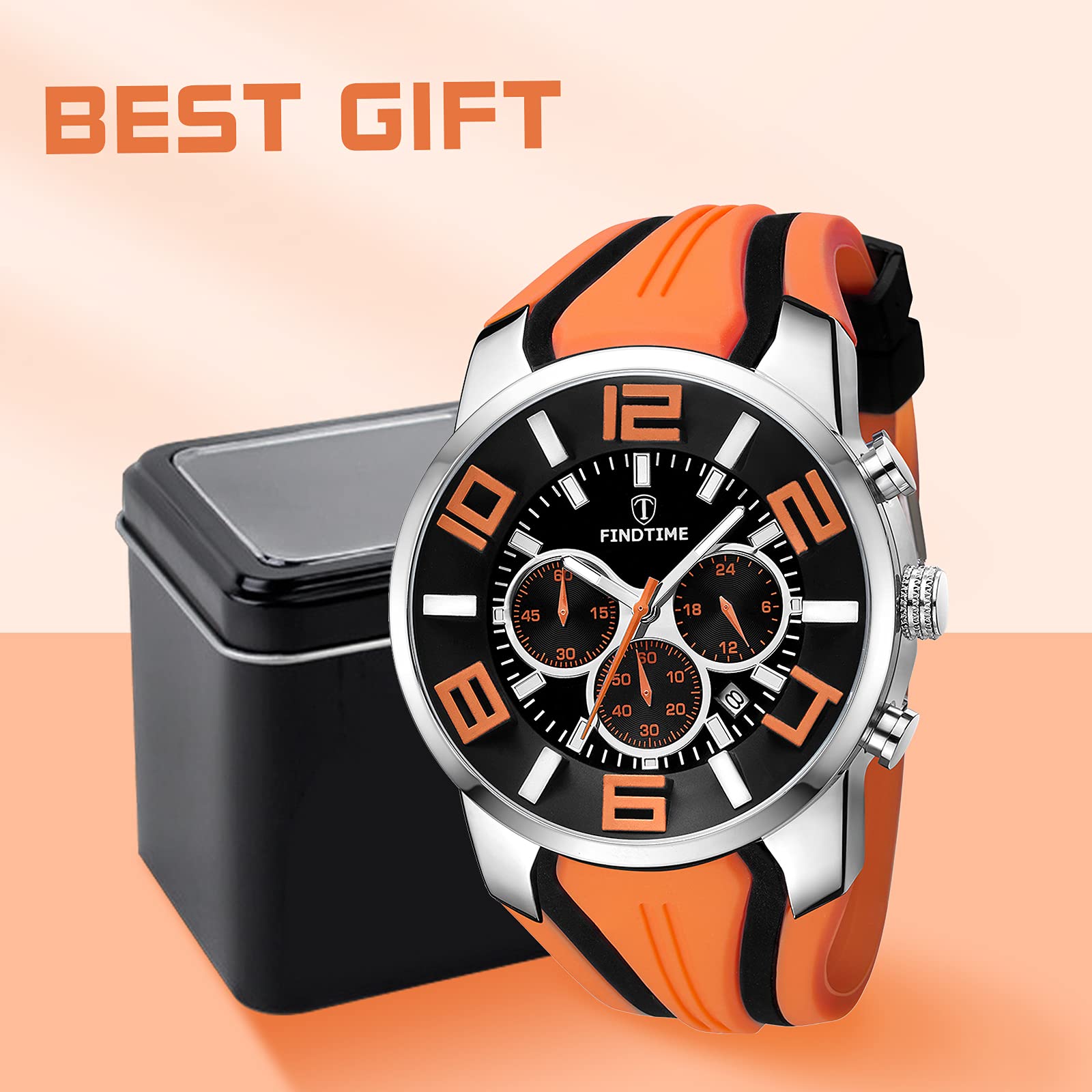 findtime Montre de sport pour homme - Chronographe militaire - Analogique - Quartz - Silicone - Grand chiffres - Date - Minuteur - Rouge