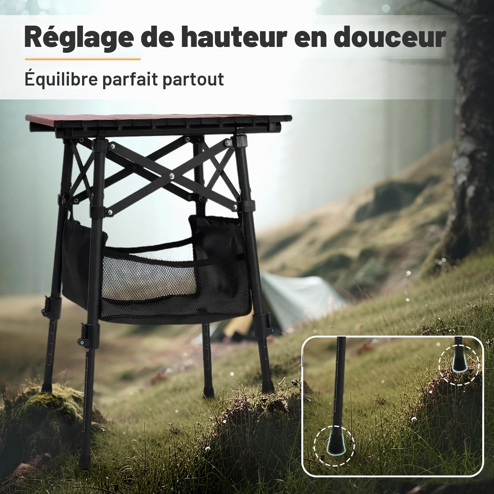 Odoland Table de Camping Pliante Réglable en Hauteur avec Sac de Rangement sous la Table pour 1 à 2 Personnes, Légère pour Plage, Camping, Pique-Nique, Jardin, Pêche