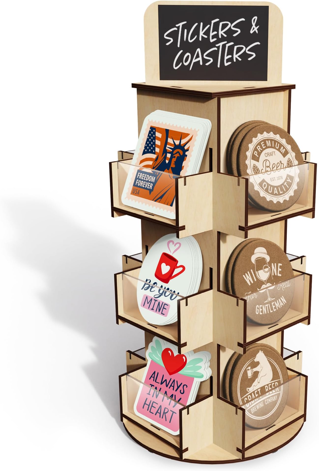 DS THE DISPLAY STORE 3 Tier Rotating Sticker Display Stand for Vendors, Brown Wooden Countertop Organizer Shelf for Coasters, Retail, Showcase, Tradeshow…