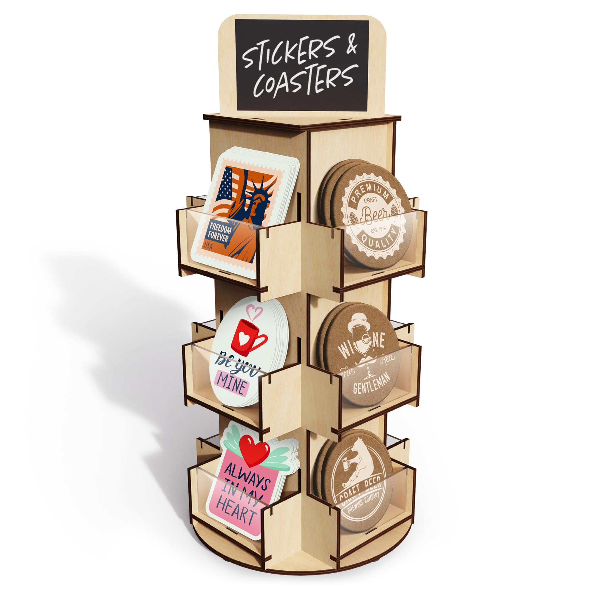 DS THE DISPLAY STORE 3 Tier Rotating Sticker Display Stand for Vendors, Brown Wooden Countertop Organizer Shelf for Coasters, Retail, Showcase, Tradeshow…