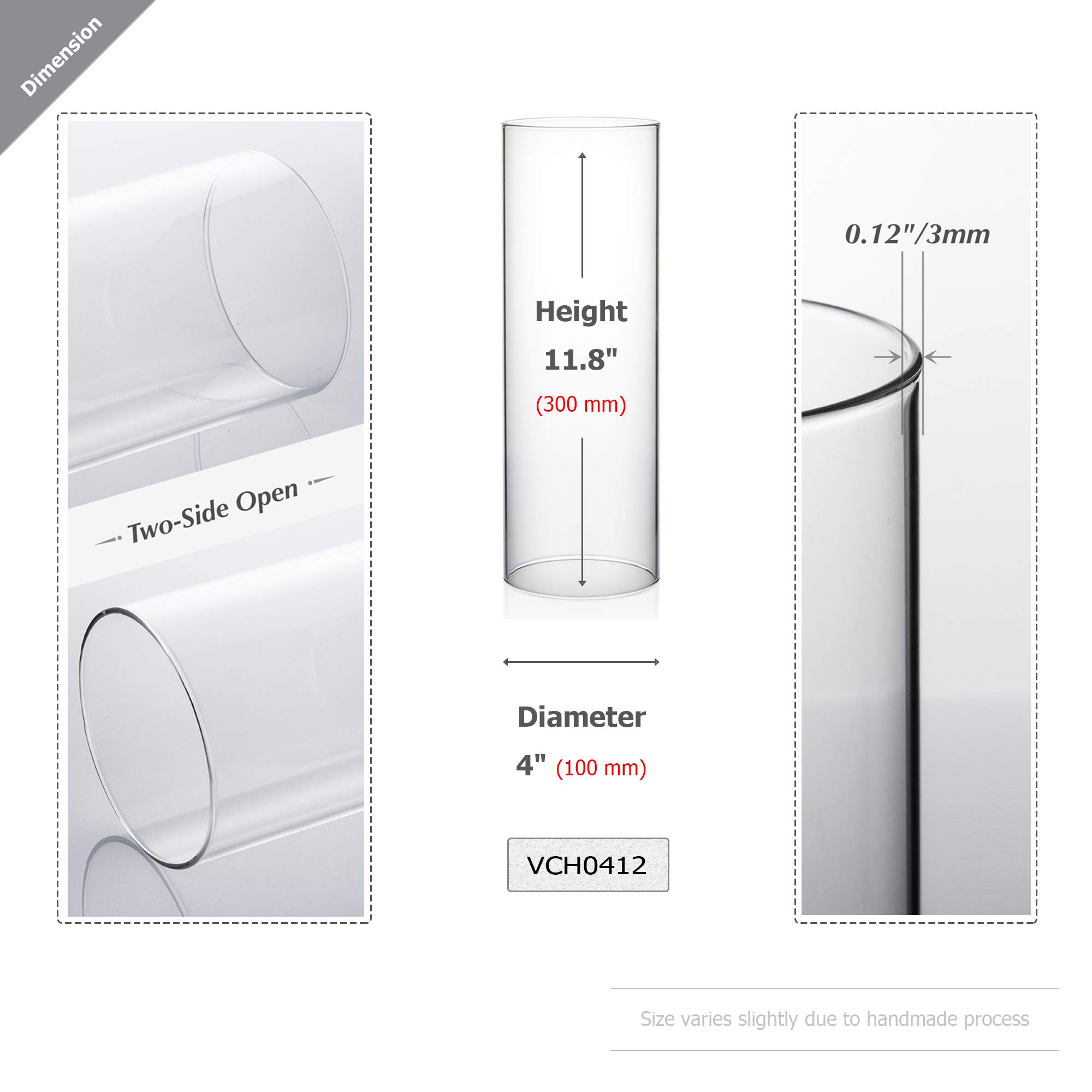 WGVI Bougeoir Hurricane, Largeur 10,2 cm, Hauteur 30,5 cm, Cylindre en Verre Transparent Ouvert aux Deux extrémités, Tube de cheminée, ouragan à extrémité Ouverte, Abat-Jour pour Bougie, 1 pièce