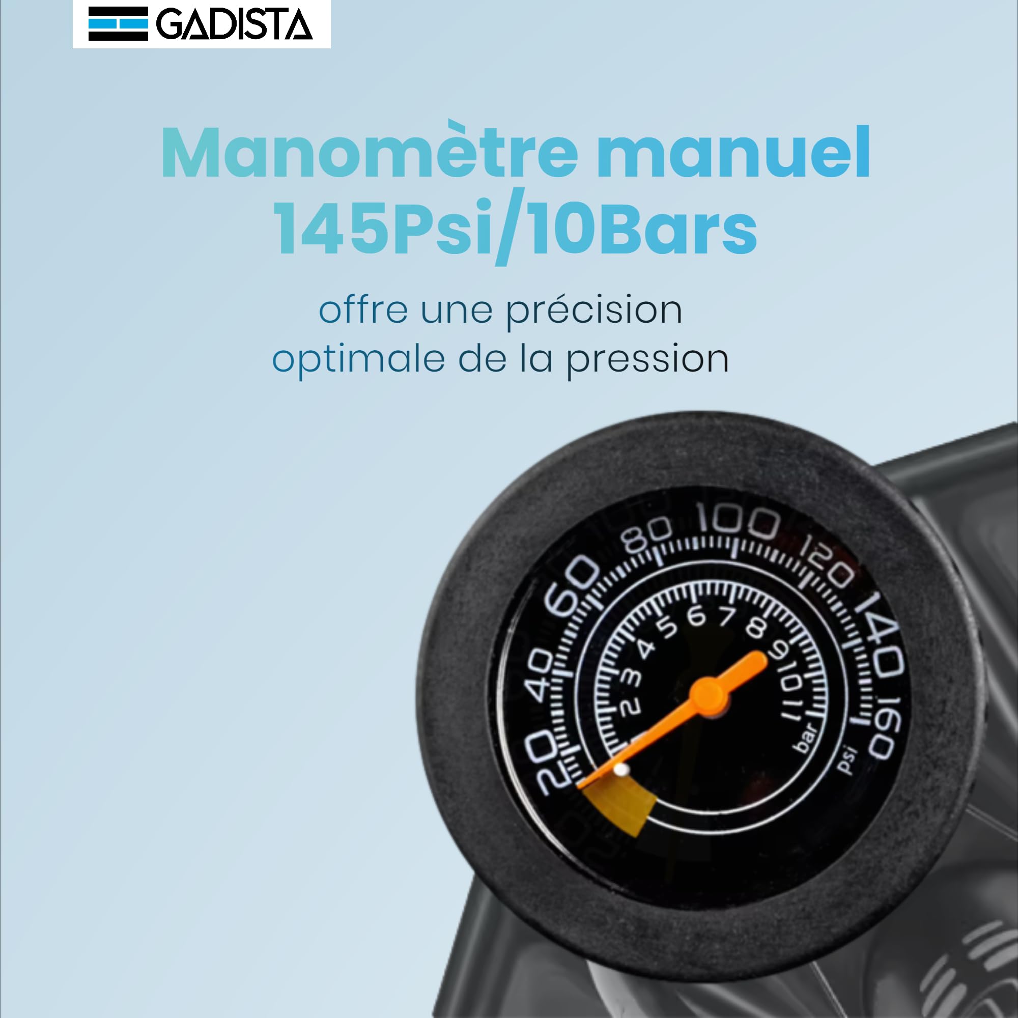 GADISTA France, Pompe à Vélo en Aluminium 145 PSI avec Double Valve Schrader & Presta, Grand Manomètre pour Affichage de la Pression, Tuyau Extra Long, Poignée Confortable
