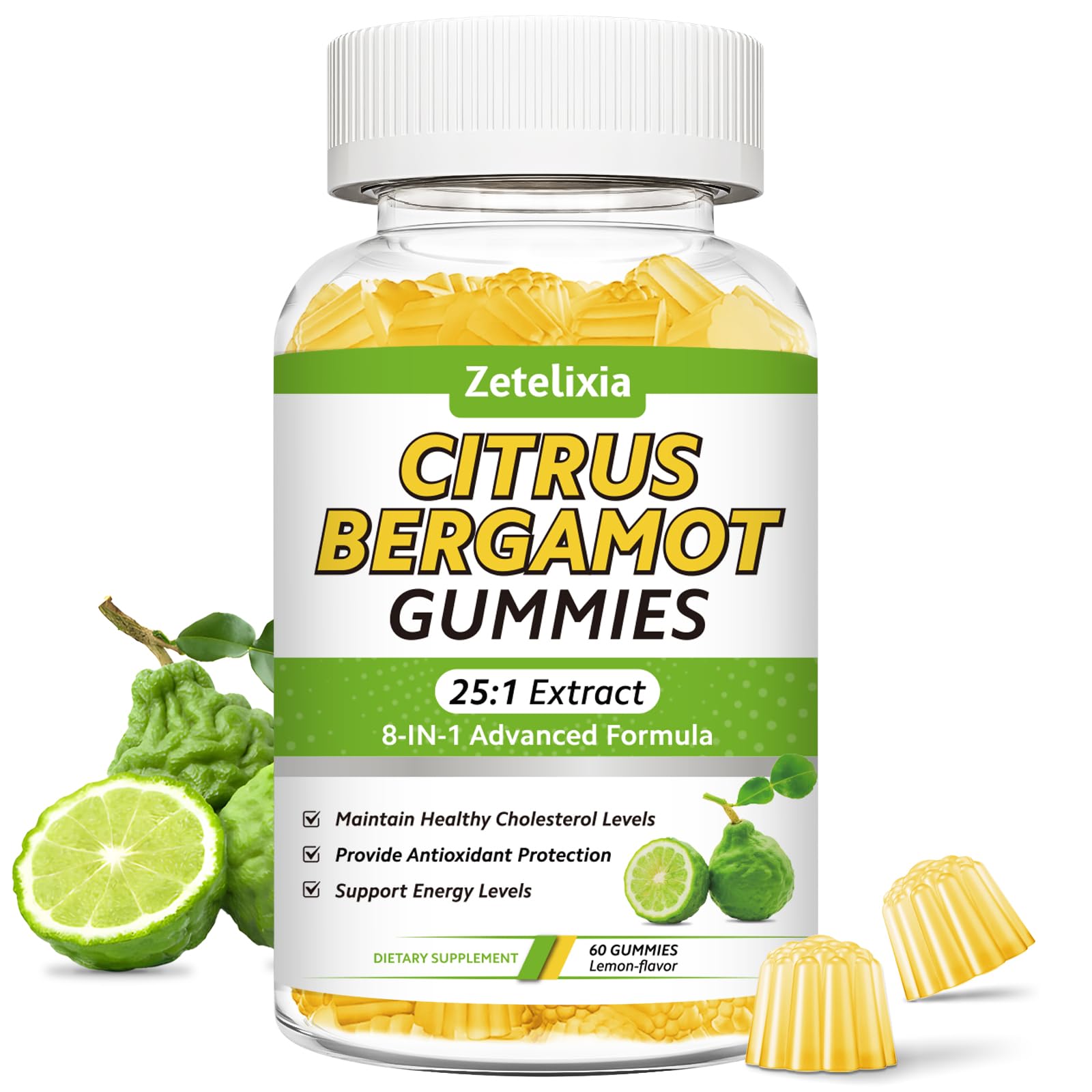 Citrus Bergamot Gummies, Citrus Bergamot Supplement for High Cholesterol, Cholesterol Lowering Supplement for Heart, Immune System & Healthy Aging Support, Sugar Free, Vegan, Lemon Flavor, 60 Count 60 Count (Pack of 1)
