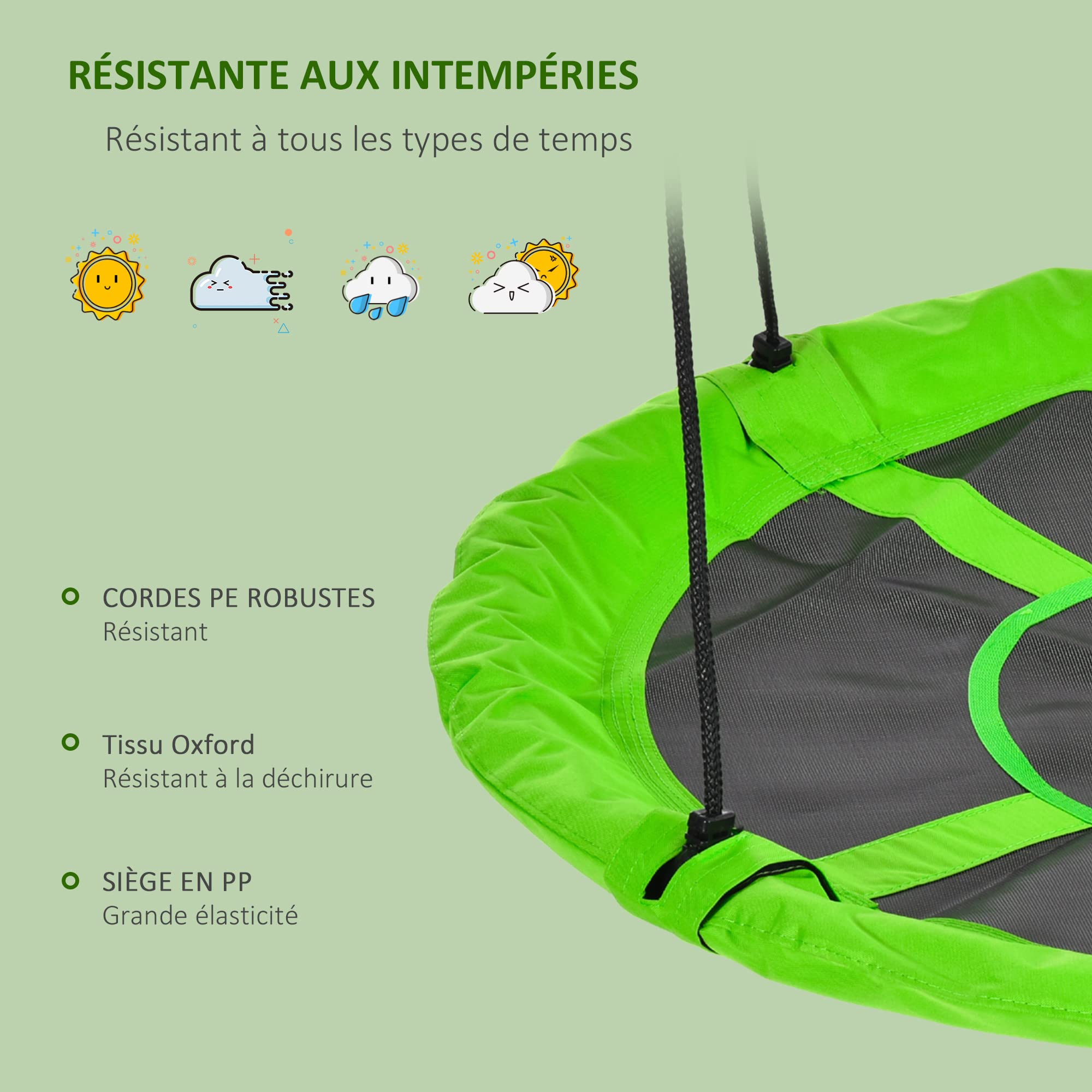 Outsunny Balançoire nid d'oiseau Ronde balançoire Panier Ø 110 cm 4 Anneaux Inclus métal époxy Oxford Haute densité Vert
