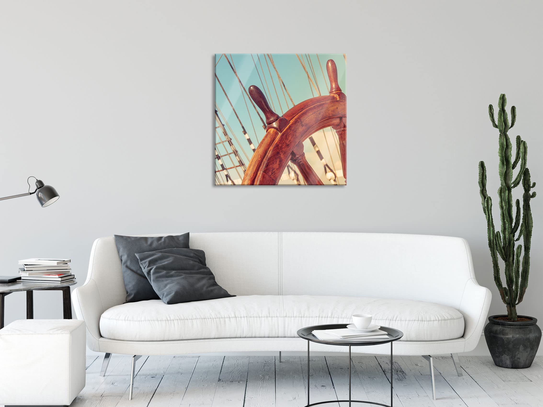 Pixxprint Glasbild, Wandbild auf Echtglas, Steuerrad auf dem Schiff, 80x80 cm, inkl. Aufhängung und Abstandshalter