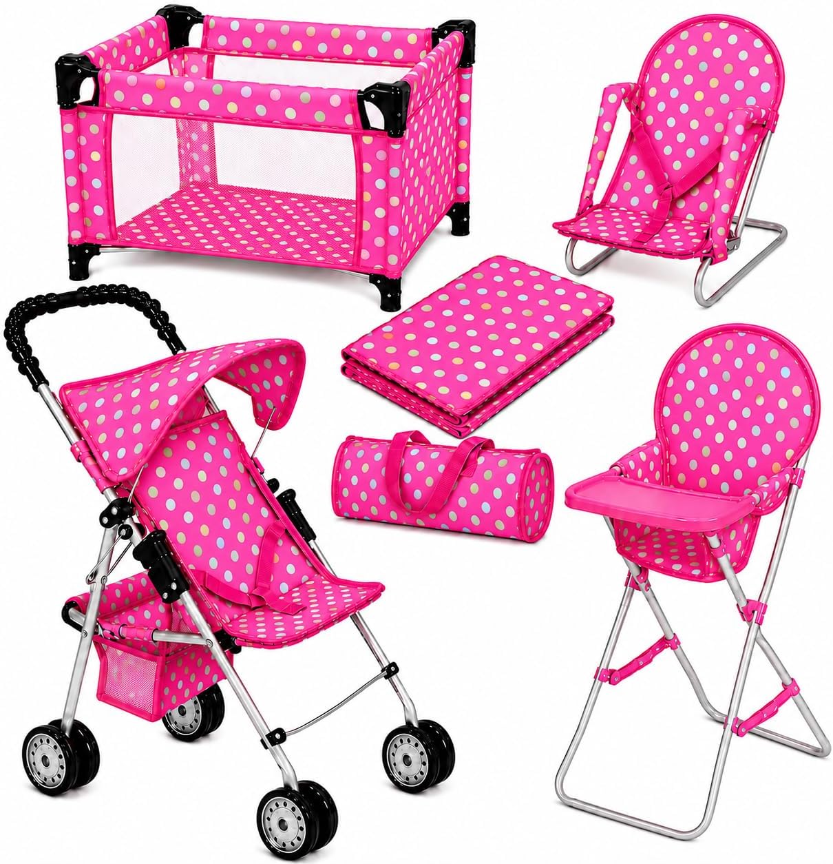 fash n kolor 4 Piece Doll Play Set, Includes - 1 Pack N Play. 2 Doll Stroller 3.Doll High Chair. 4.Infant Seat, Fits Up to 18'' Doll (4 Piece Set)