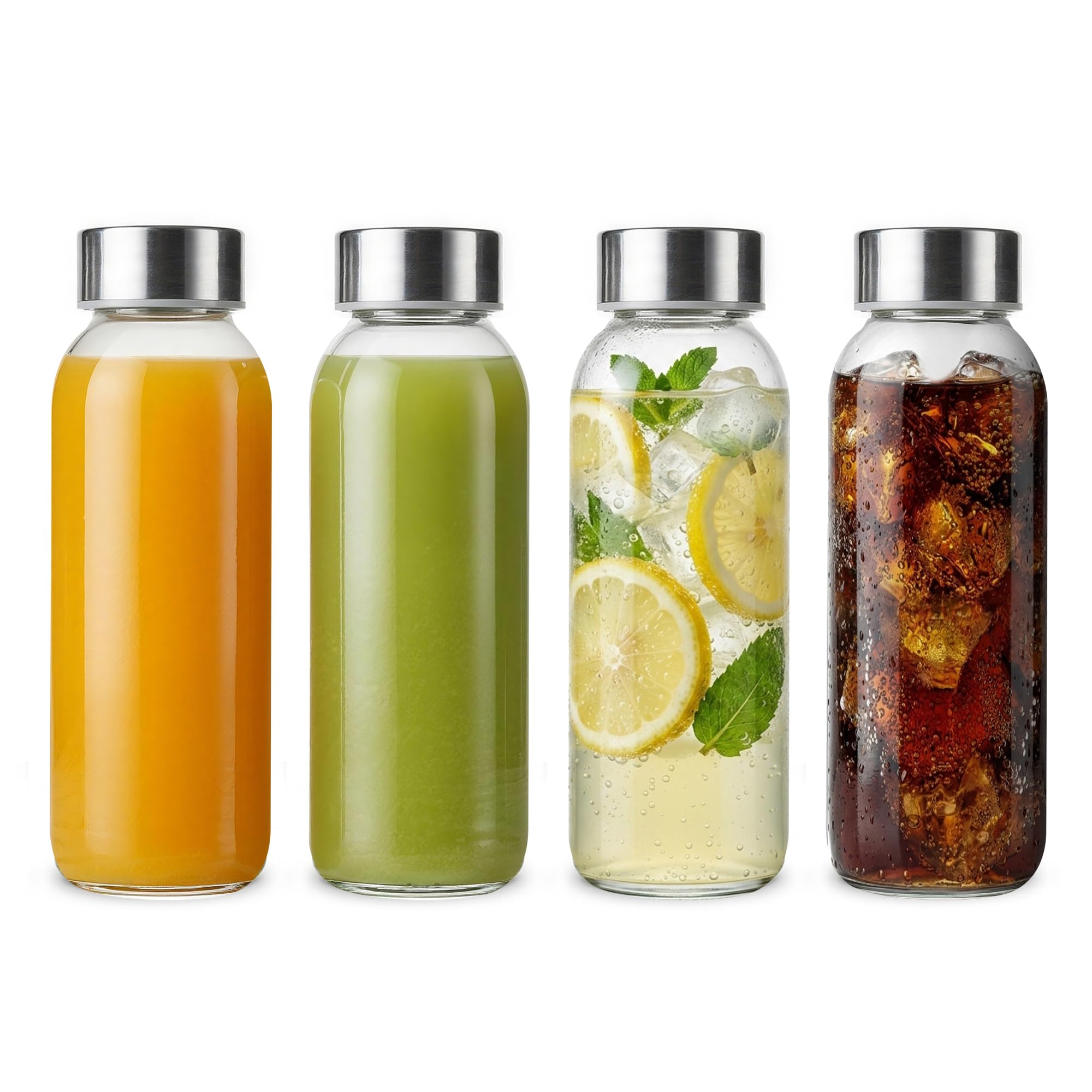 Bayseun 4Pcs Glass Juice Bottles with Lids 300ml, Reusable Clear Glass Water Bottles with Stainless Steel Airtight Cap Leak Proof Drinking Bottles for Refrigerator Homemade Beverage, Milk, Smoothies