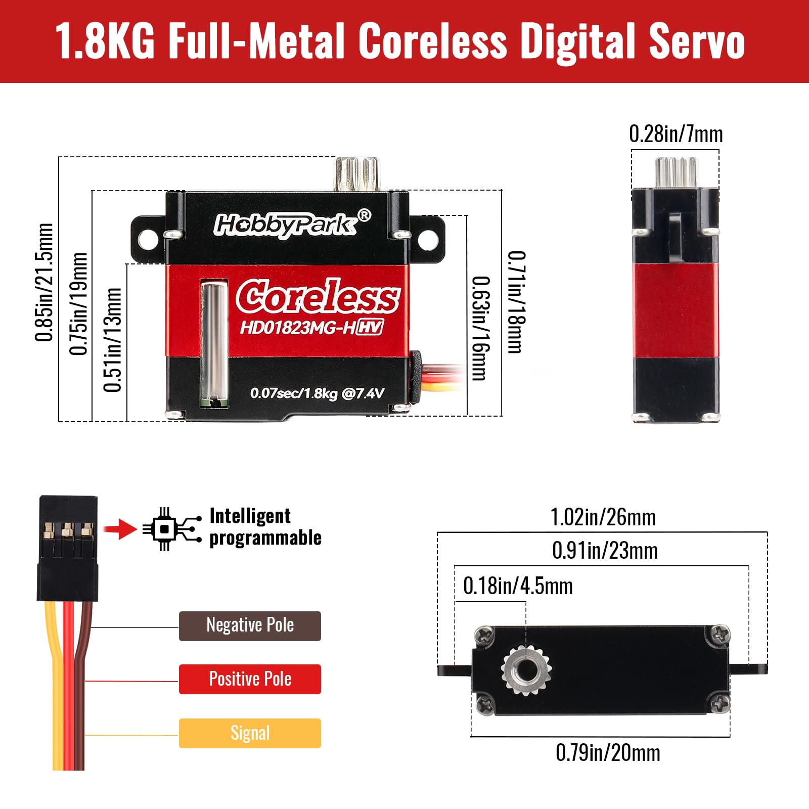 HobbyPark Servo per aereo RC Motore Coreless Tutti gli ingranaggi in metallo Servo digitale ad alta velocità per RC Aircraft Glider Aereo Ala Servo Parti ad ala fissa (w/Top Tabs)