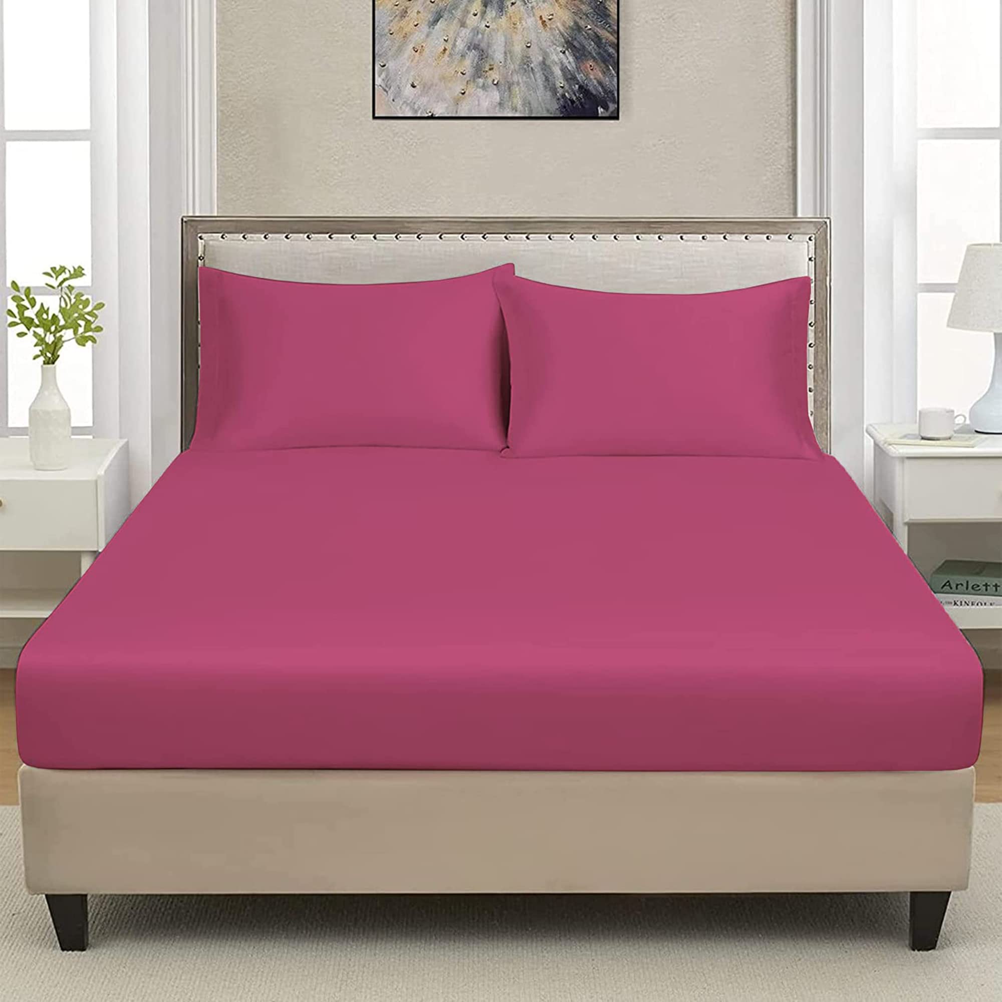 Extra Deep Luxuary Fitted Sheet 25cm Mattress Sheets 50% Cotton 50% Polyester By JRI® (King, Fuschia), 25cm Fuschia