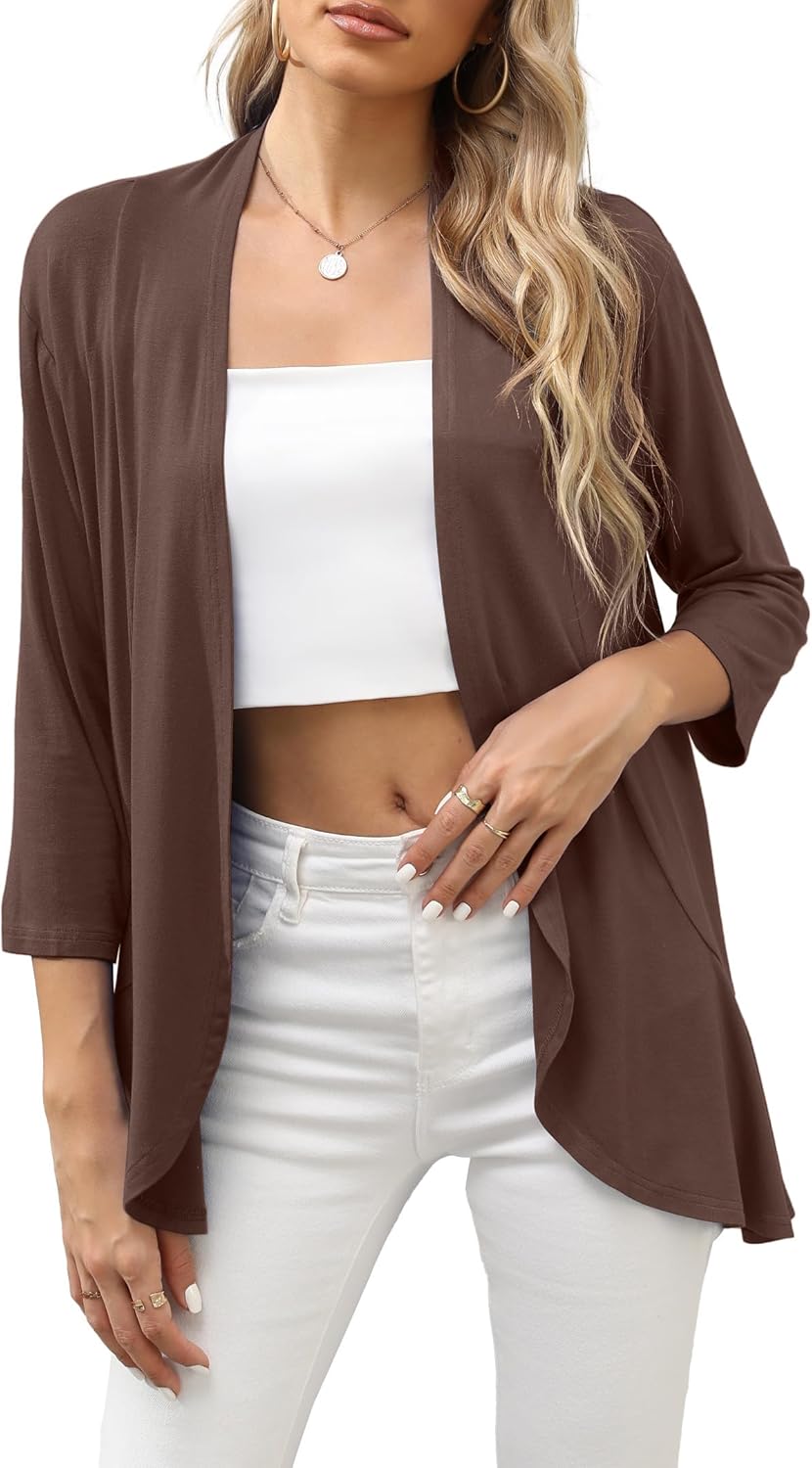 HIYIYEZI Women's Casual Lightweight Open Front Cardigans Soft Draped Ruffles 3/4 Sleeve Cardigan Large A-16 Coffee