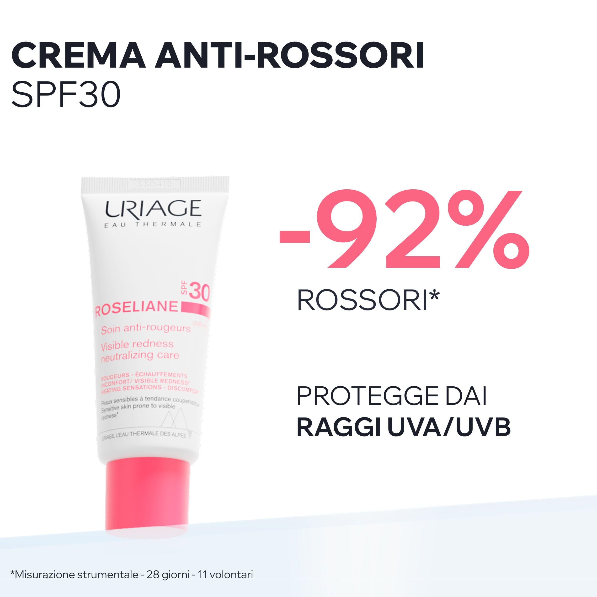 Uriage Roseliane Crema Viso Idratante Anti-Rossori SPF30 con Estratto di Ginseng e Alghe - Riduce i rossori, fornisce un'azione lenitiva di lunga durata. Profumo floreale e fruttato