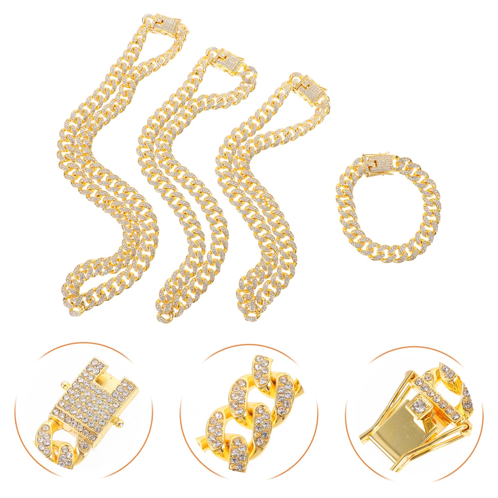 jojofuny 4pezzi Collana Catena Cubana Strass e Bracciale Maglie Impilabili Di Accessori Catena in Metallo Per Uomo e Donna