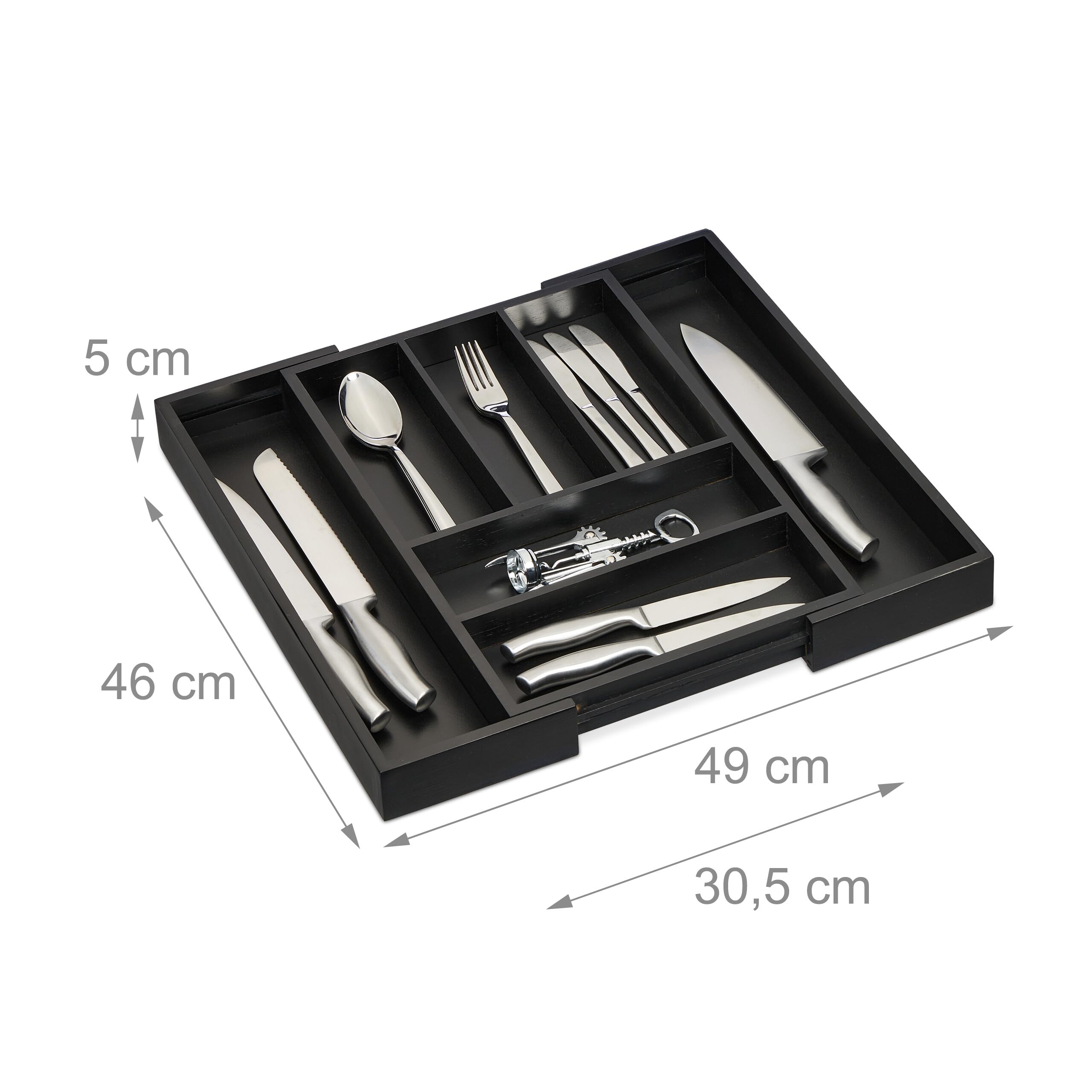 Relaxdays Cubertero Extensible Cajón, Organizador 5-7 Compartimentos Bambú, Separador Cubiertos, 5x30,5-49x46 cm, Negro
