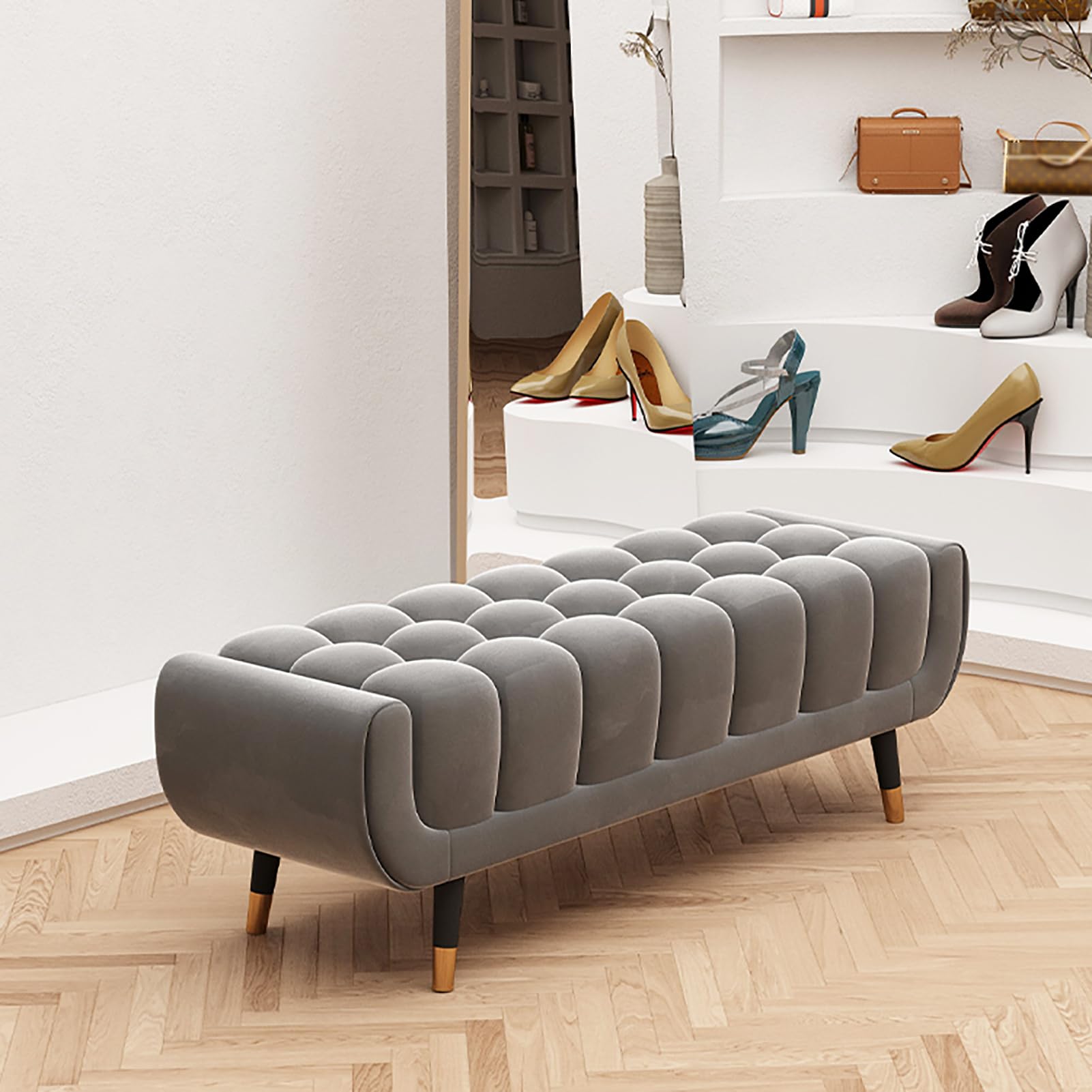 MSHGSKU Velvet Entryway Shoe Bench Modern Upholstered Ottoman Tufted Footrest Stool for Living Room Bedroom Hallway 39"x16"x16" Gray Stylish Storage Solution