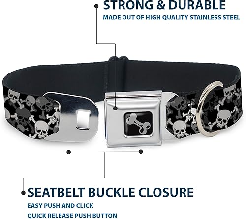 Miniatura 4 de Buckle-Down Collar de perro con hebilla de cinturón de seguridad, calaveras superiores apiladas, color negro, gris, blanco, 1 pulgada de ancho, se