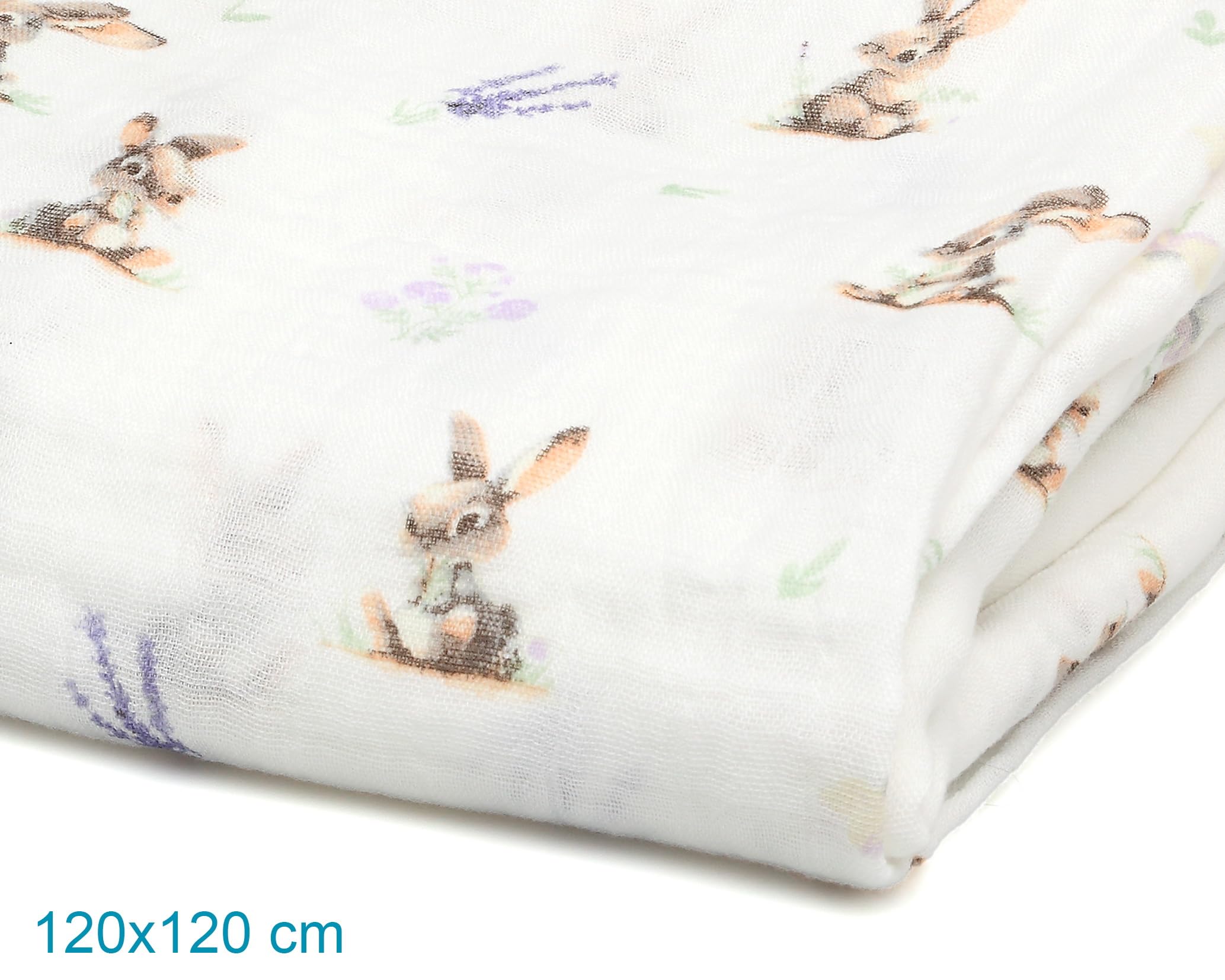 Kiokids | Muselina Conejitos | Colección Petit Moments | 70% Bambú y 30% Algodón | Gran Suavidad | Termoclimática y Antibacteriana | Protector Rayos UV | Certificado OEKOTEX | +0 Meses | 120x120cm