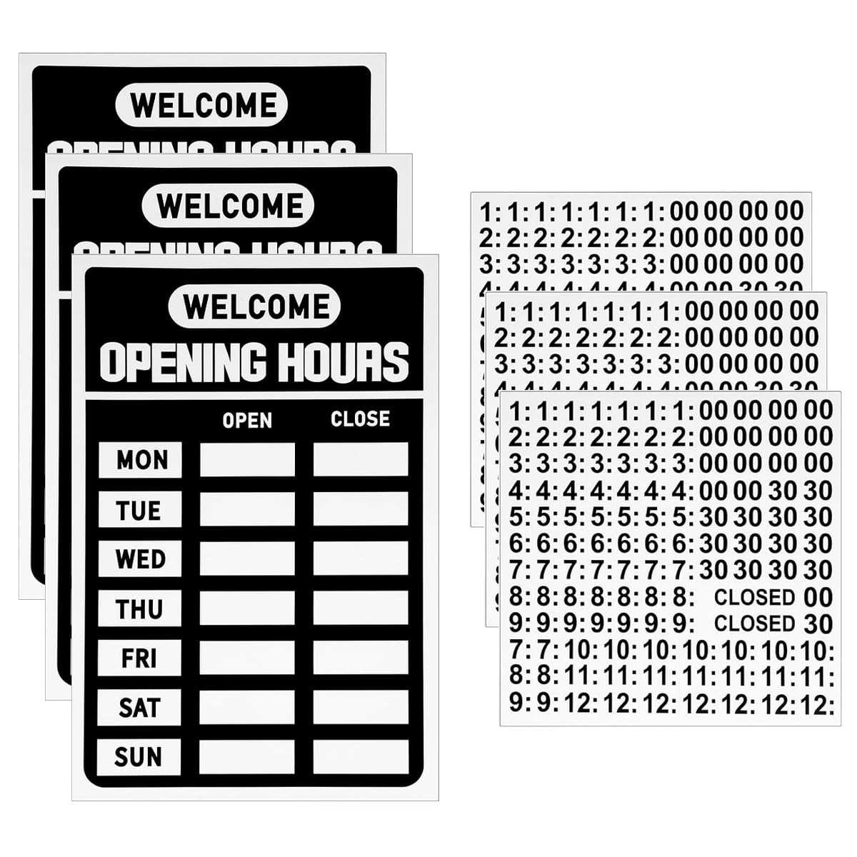 Muiltvoe 3 Set Business Hours Sign Opening Times Sign for Shop Window Store Open Signs with Time Stickers Open Signage For Store Office（Black）