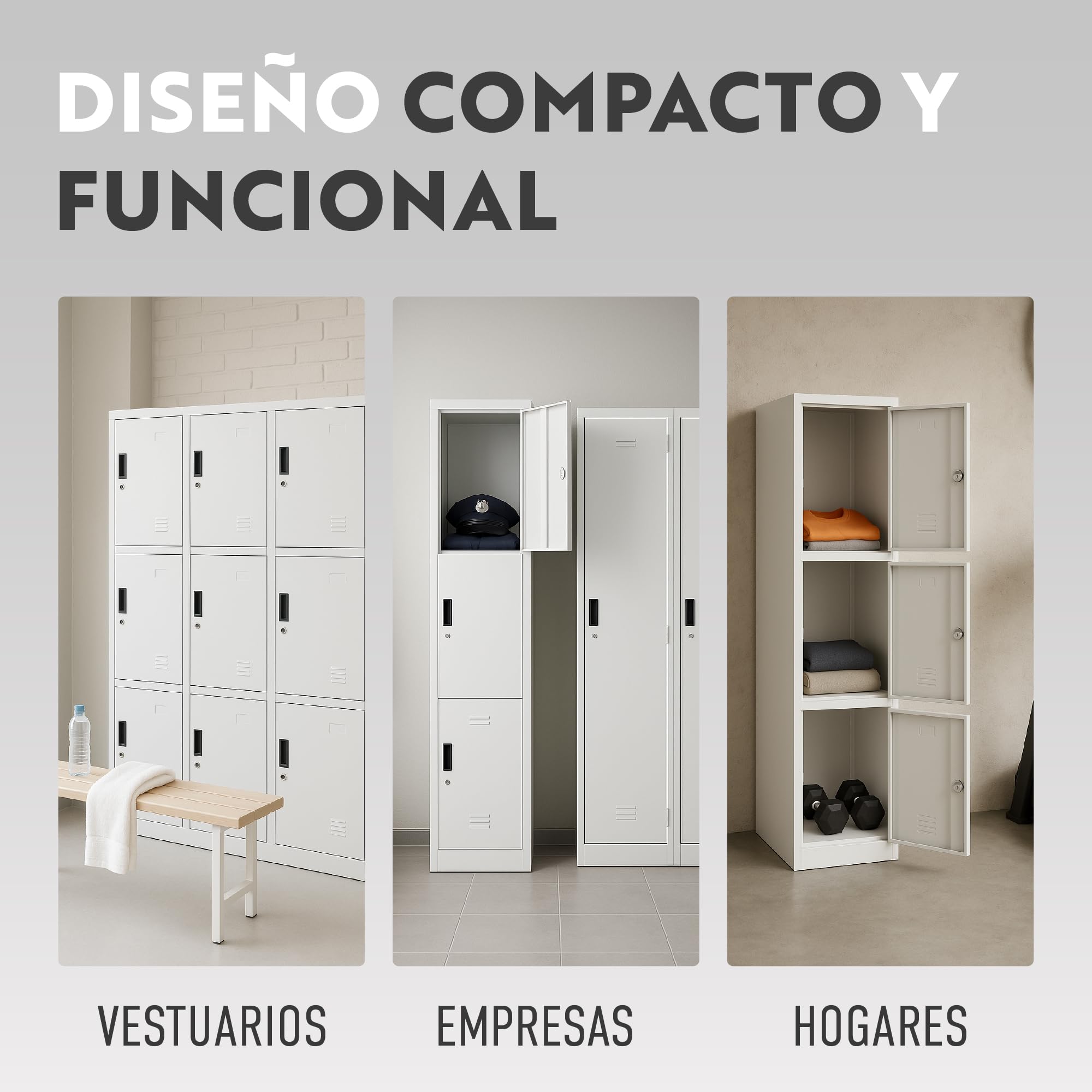 Taquilla Vestuario metálica 3 Puertas Blanca RAL 9016-185x38x45 cm con Cerradura - Incluye Llave | Armario metálico Estrecho para Garaje, Oficina, Gimnasio, Vestuario, Locker Individual
