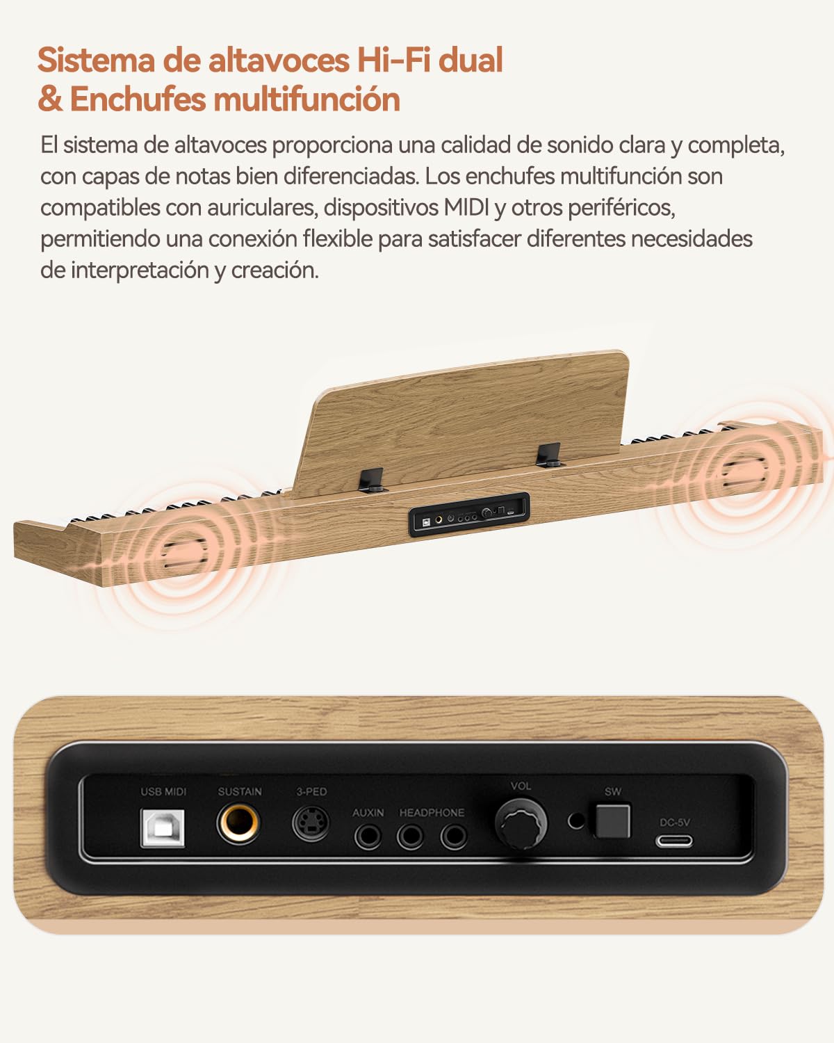 Rhymo Teclado Digital 88 Teclas Semipesado para Principiantes | Piano Eléctrico con Bluetooth Audio/MIDI, Altavoces 20W, Triple Pedal y Soporte – Color Madera