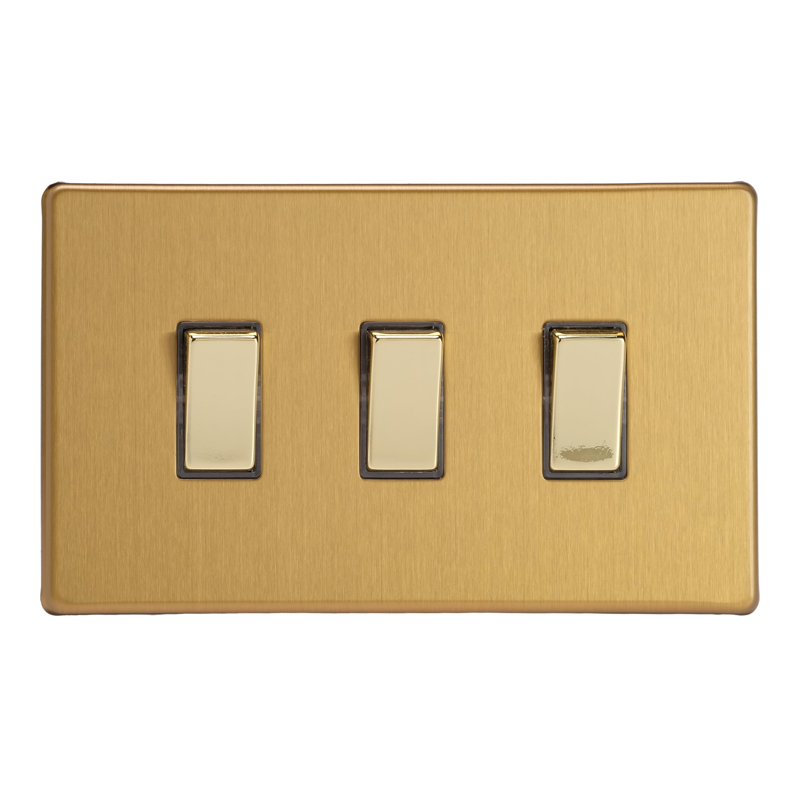 Varilight Triple Rocker Light Switch 2-Way Twin PlateScrewless Brushed Brass With Polished Brass RockersXdb93S from B&Q