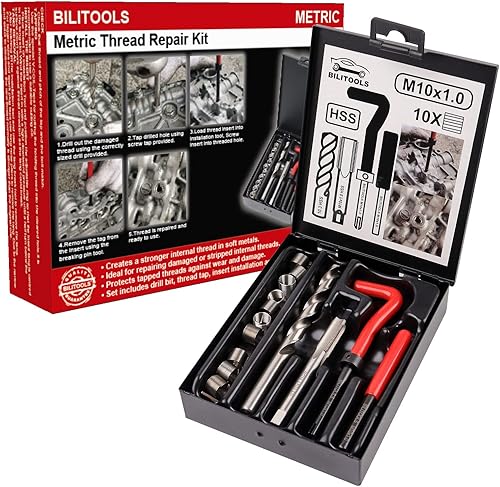 BILITOOLS Kit de reparación de roscas M10x1.0, HSS Drill Helicoil Kit de reparación métrica