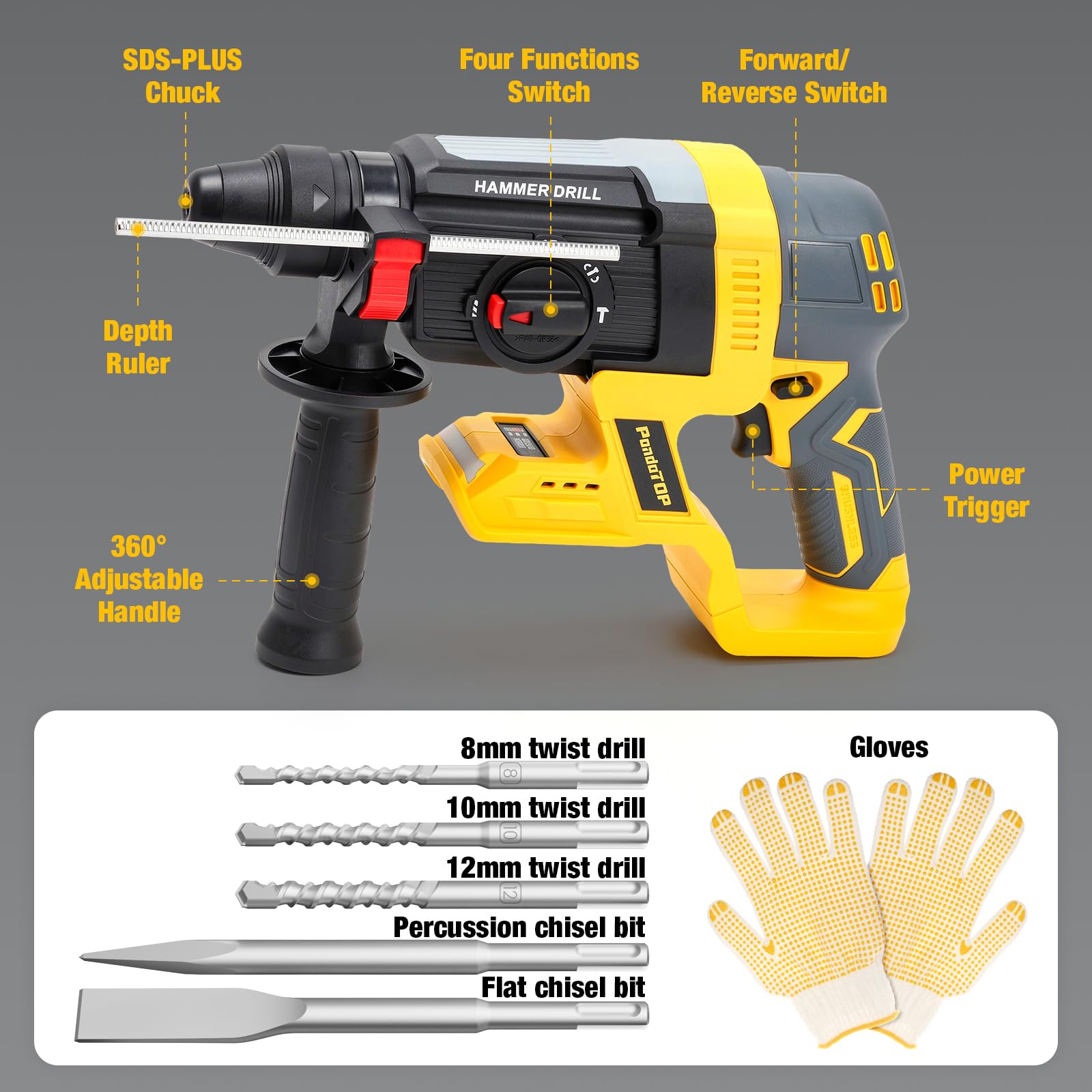 SDS Plus - Trapano a percussione senza fili per Dewalt 20 V Max Batteria, 20 V, senza spazzole, per calcestruzzo, muratura, legno, metallo, rotomartillo, 4 funzioni, 5 trapani con guanti (batteria non