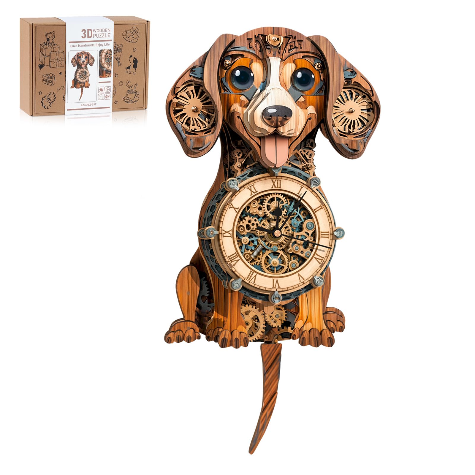 WEBYEARO 3D Wooden Puzzles for Adults, Dachshund Clock with Pendulum Model Kit, 3D Puzzle Room Home Decor DIY Wall Clock Kit, Holiday Birthday Christmas Day Gifts for Men Women Teens