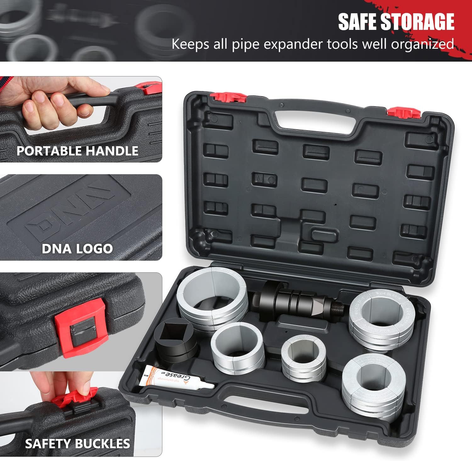 DNA MOTORING TOOLS-00202 1-5/8 to 4-1/4 Inches Exhaust Pipe Expander Stretcher Tool Set with Rubber Rings for Automotive Car Tail Pipe Tube Repair