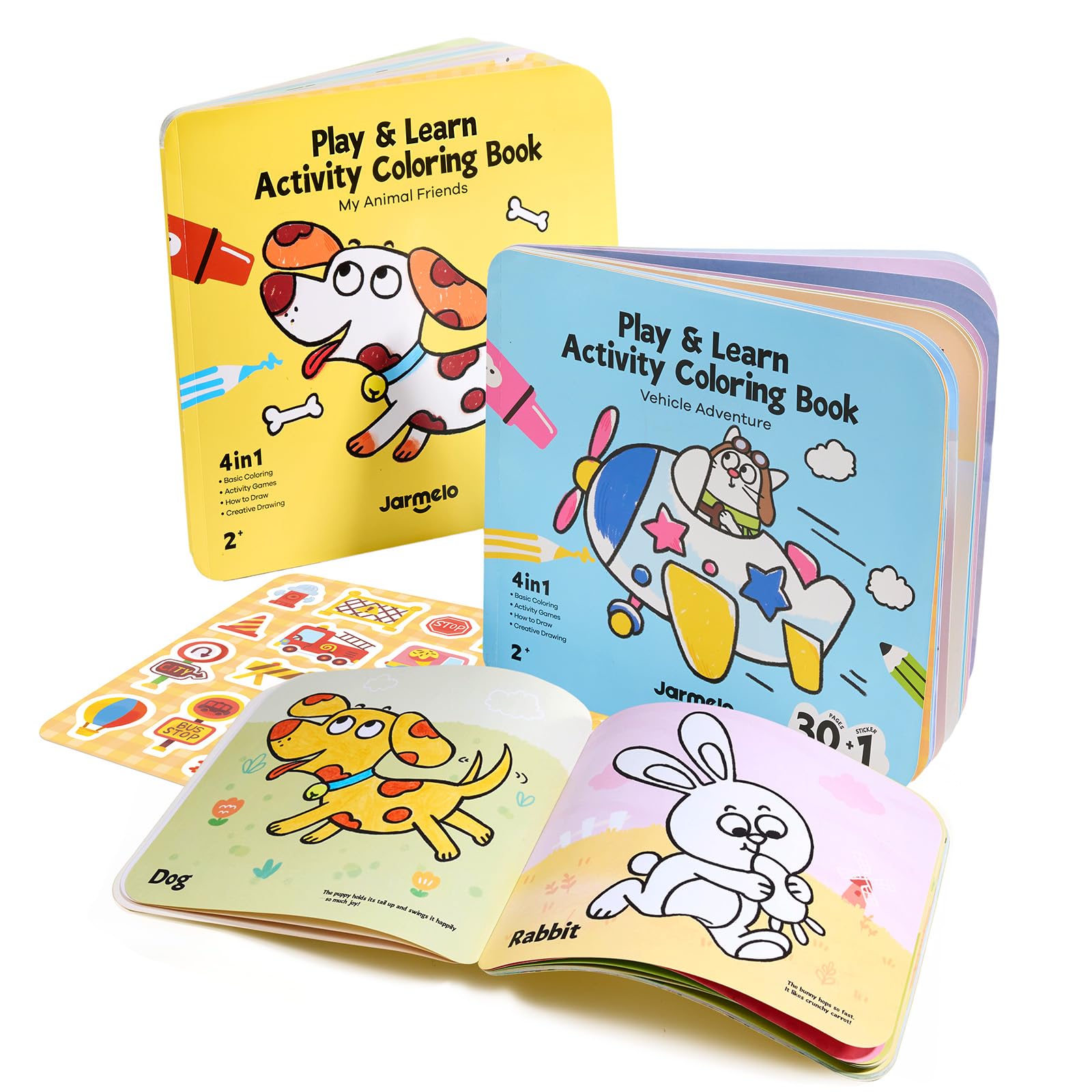 Jar Melo Animal & Vehicle Coloring Books for Toddlers Ages 2–4, 2 Pack Easy Activity Set for Learning, Includes Colorful Backgrounds, Stickers & Reward Certificate