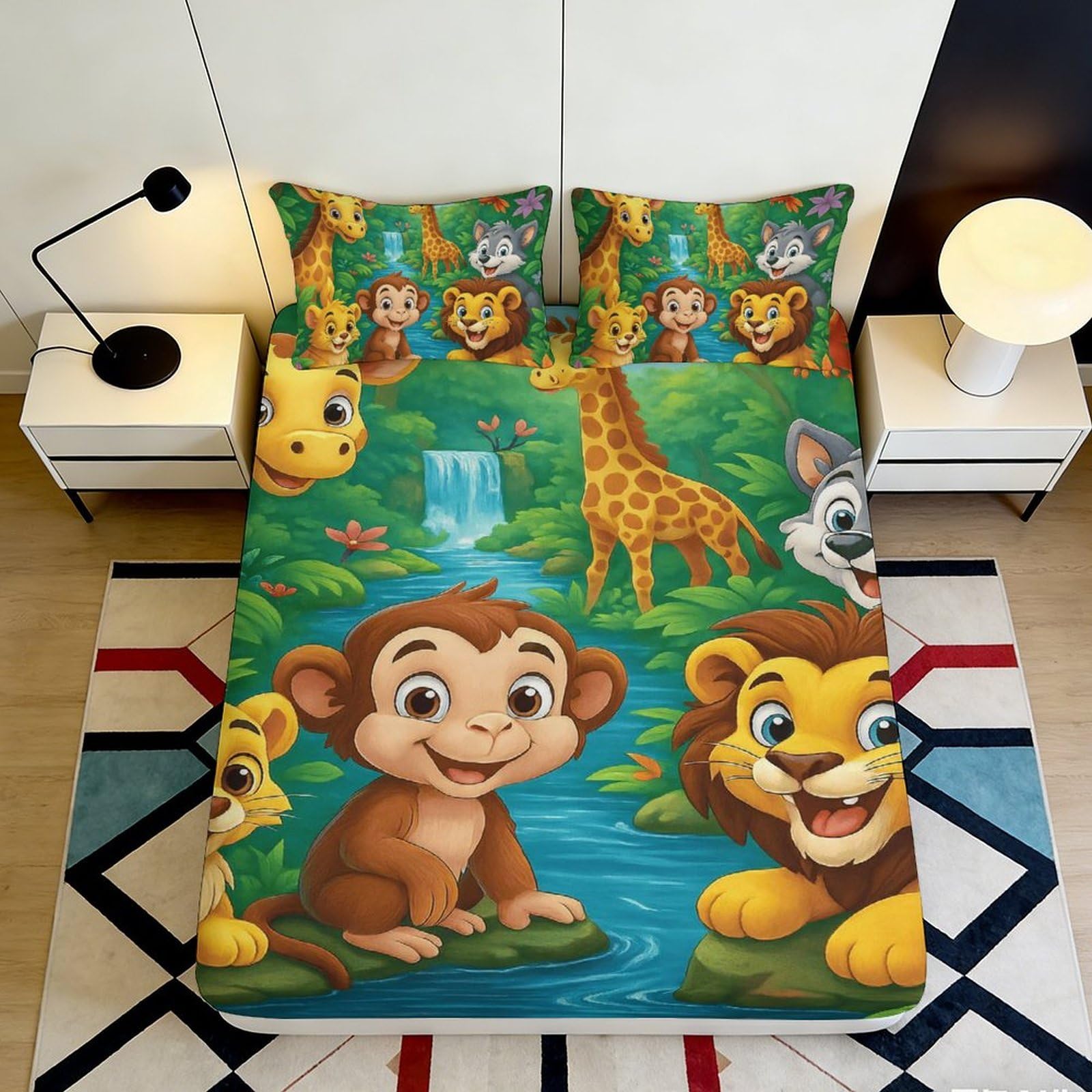 3D Printed Jungle Animal Fitted Sheet Microfiber Soft Cartoon Lion Monkey Bed Cover for Bedroom Guest Room Decor 90x200x25cm