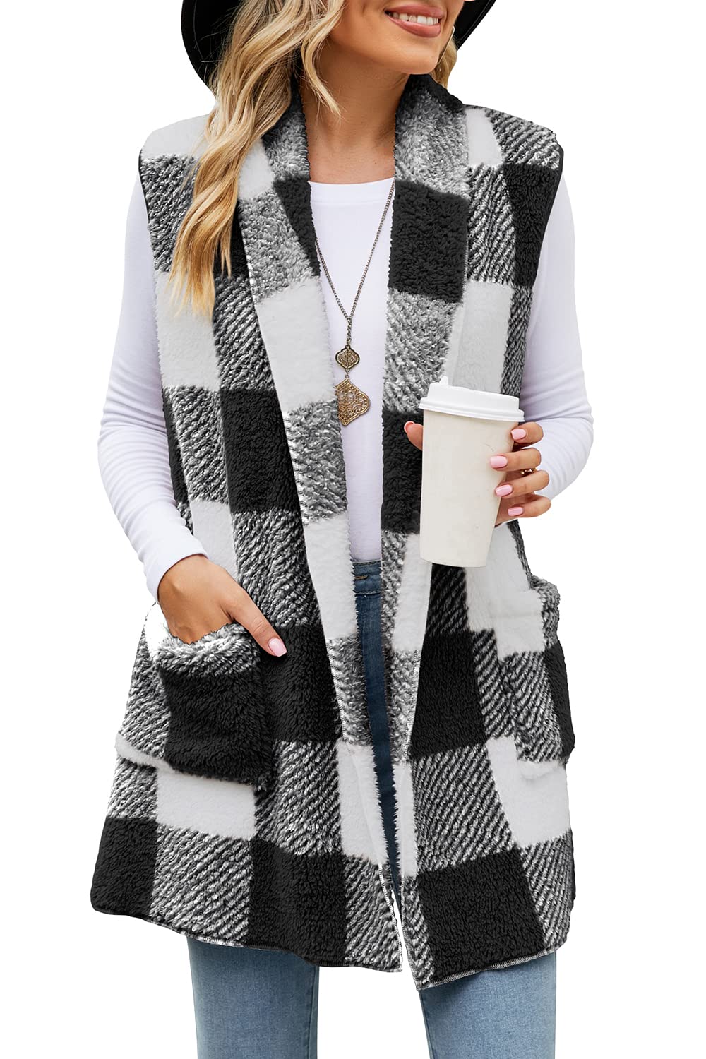 ReachMe Womens Sleeveless Sherpa Vest with Pockets Lapel Open Front Fleece  Cardigan Sweater Fuzzy Jacket Coat