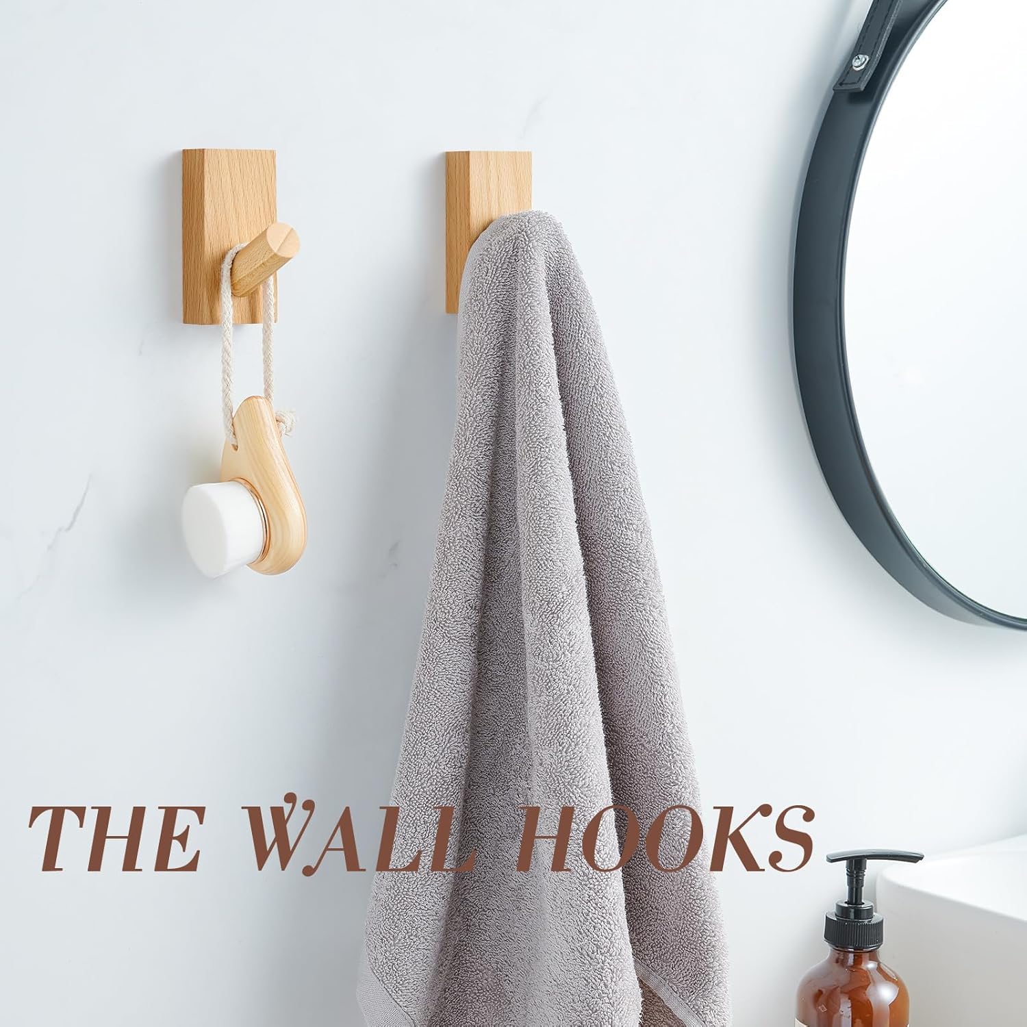 Felidio Natural Wooden Wall Hooks, Adhesive & Screw Mount Coat and Towel Hooks - Decorative Key Holder, Hat Rack, Stocking Wall Hangers for Bathroom Entryway Closet - 6 Pack, Beech Wood